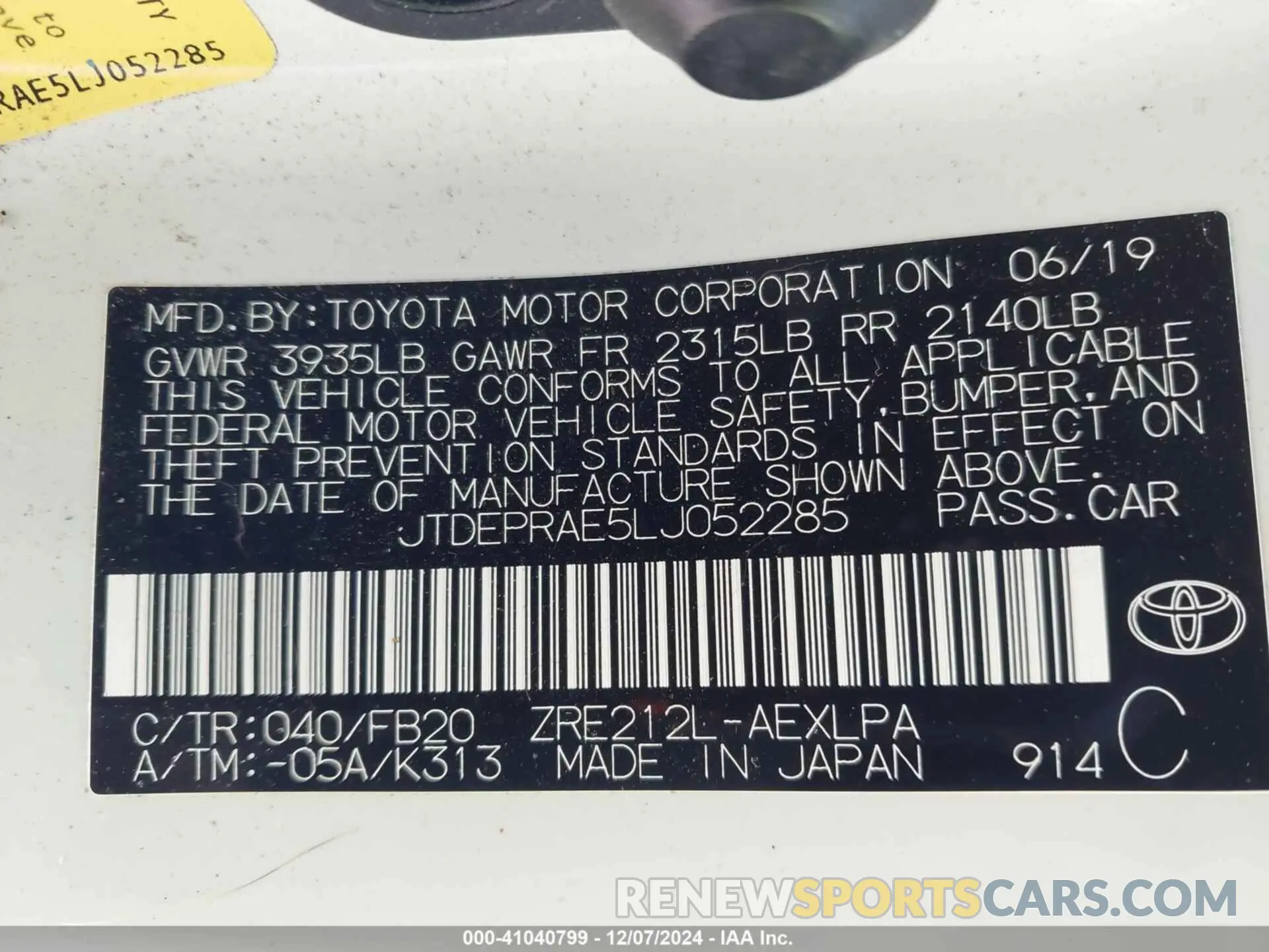 9 fotografías del automóvil dañado JTDEPRAE5LJ052285 TOYOTA COROLLA 2020