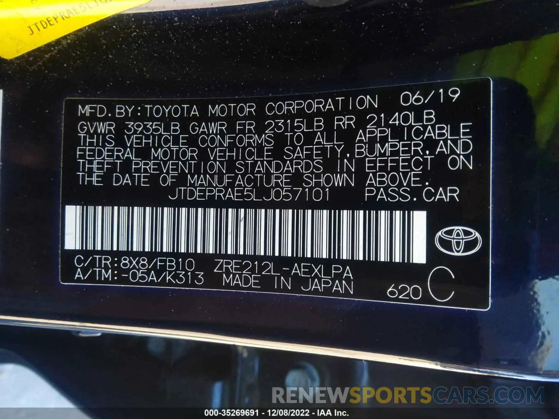 9 fotografías del automóvil dañado JTDEPRAE5LJ057101 TOYOTA COROLLA 2020