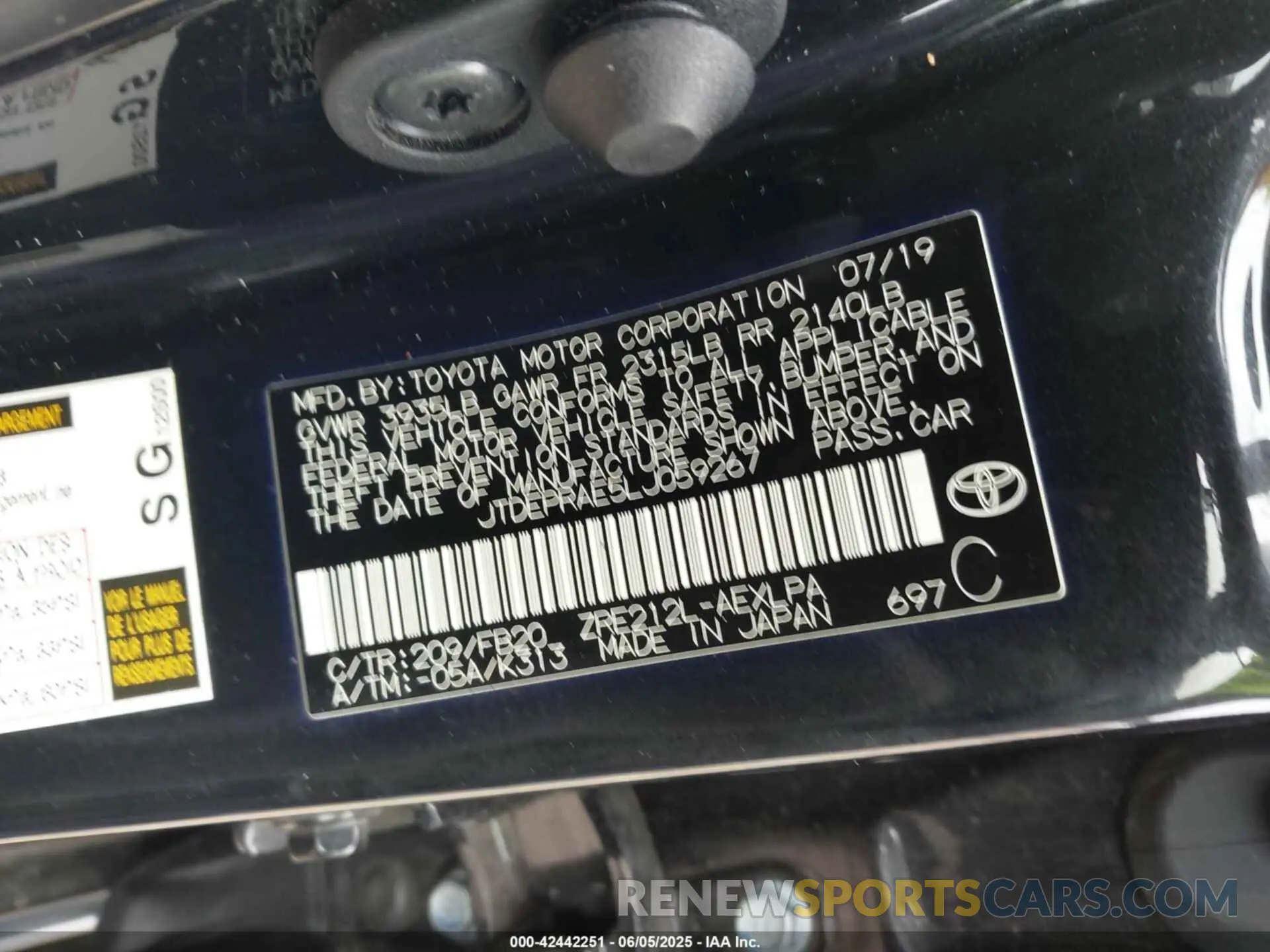 9 fotografías del automóvil dañado JTDEPRAE5LJ059267 TOYOTA COROLLA 2020
