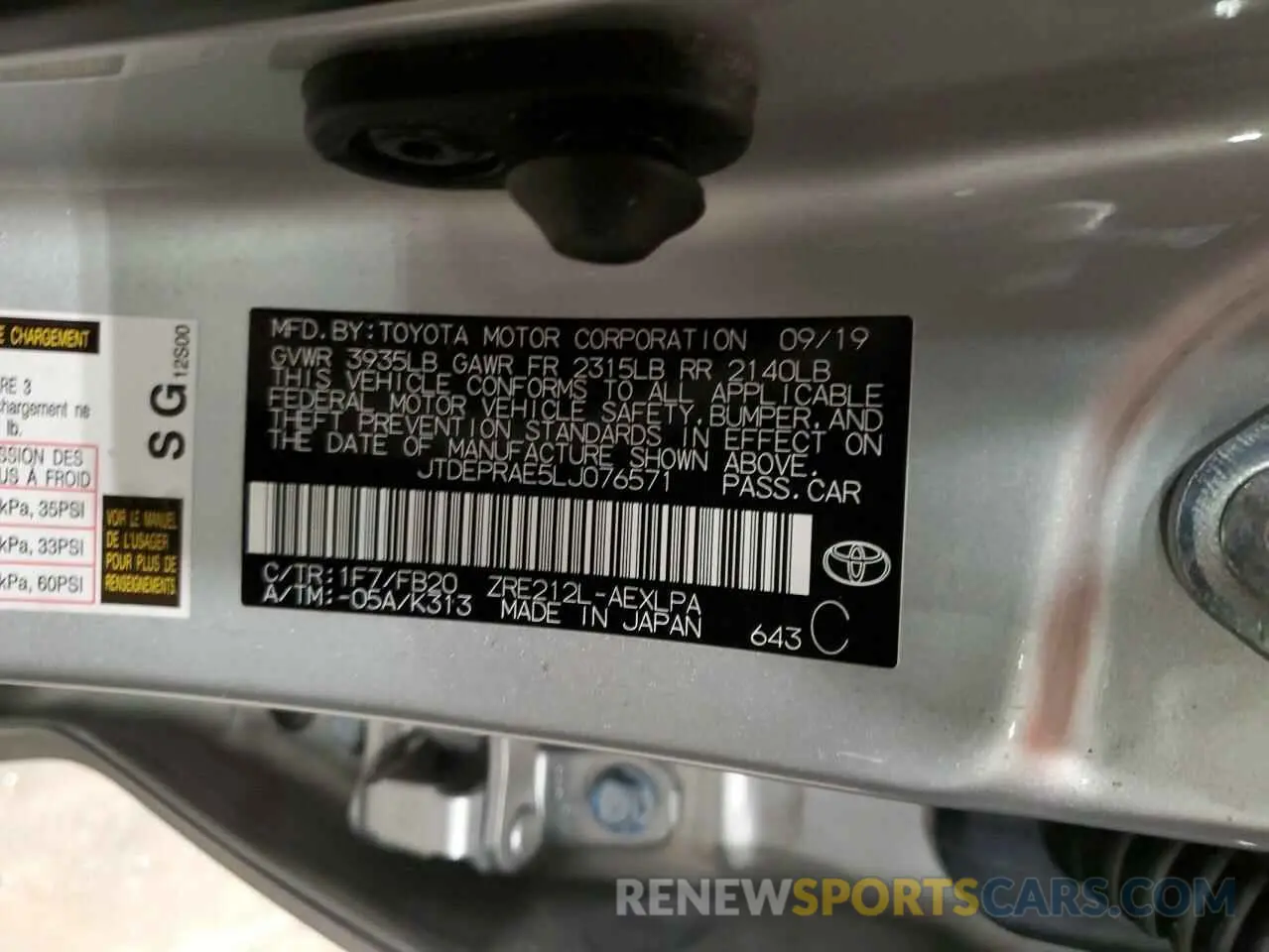 12 fotografías del automóvil dañado JTDEPRAE5LJ076571 TOYOTA COROLLA 2020