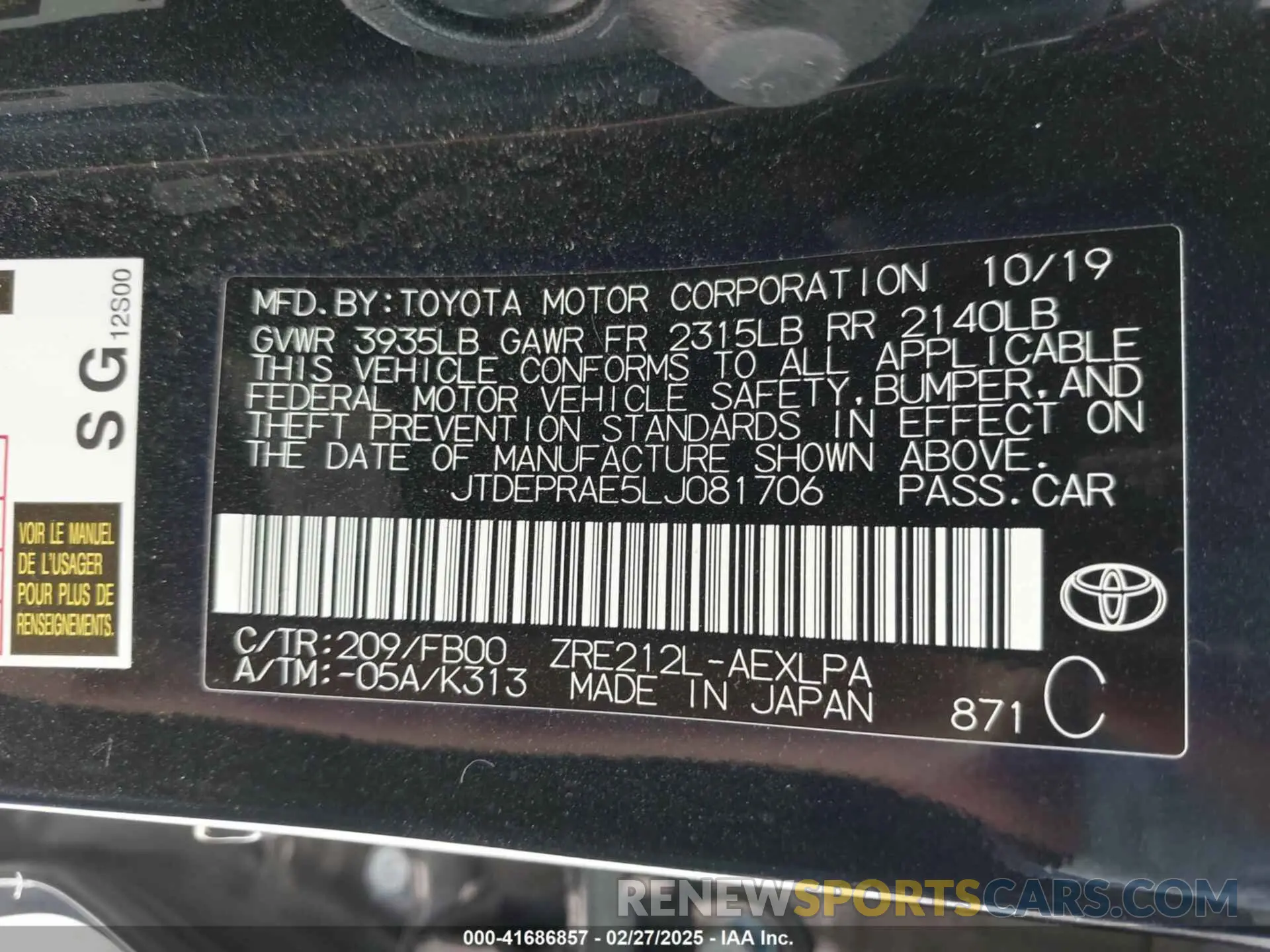 9 fotografías del automóvil dañado JTDEPRAE5LJ081706 TOYOTA COROLLA 2020