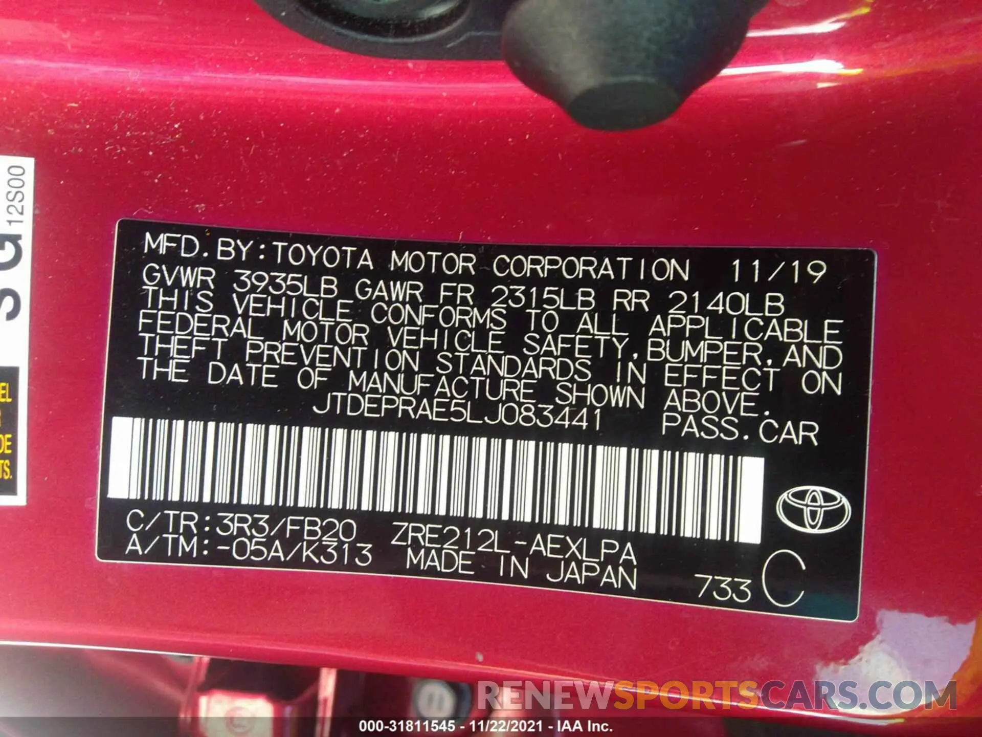 9 fotografías del automóvil dañado JTDEPRAE5LJ083441 TOYOTA COROLLA 2020