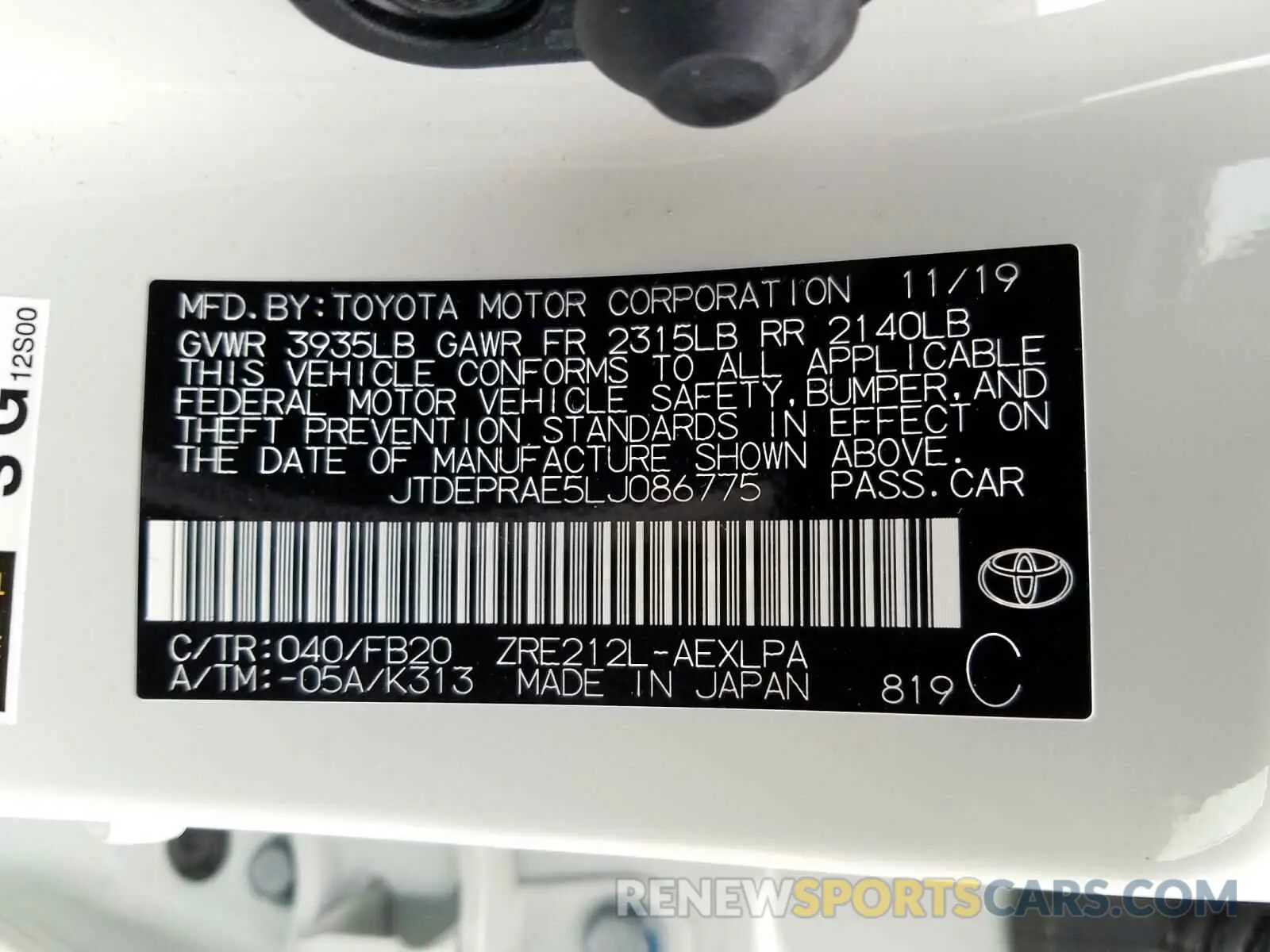 10 fotografías del automóvil dañado JTDEPRAE5LJ086775 TOYOTA COROLLA 2020