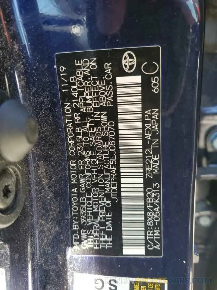 12 fotografías del automóvil dañado JTDEPRAE5LJ087070 TOYOTA COROLLA 2020