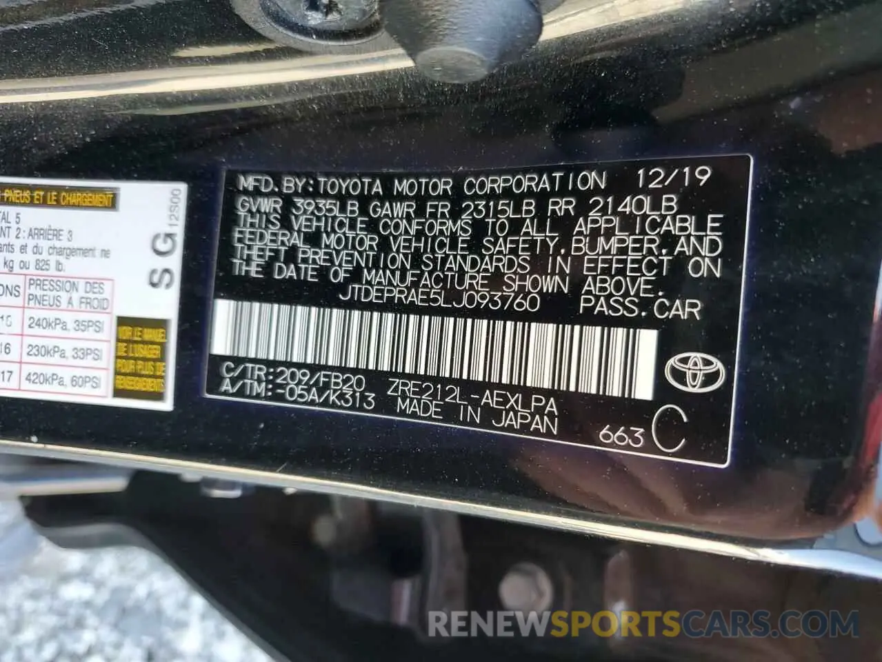 14 fotografías del automóvil dañado JTDEPRAE5LJ093760 TOYOTA COROLLA 2020