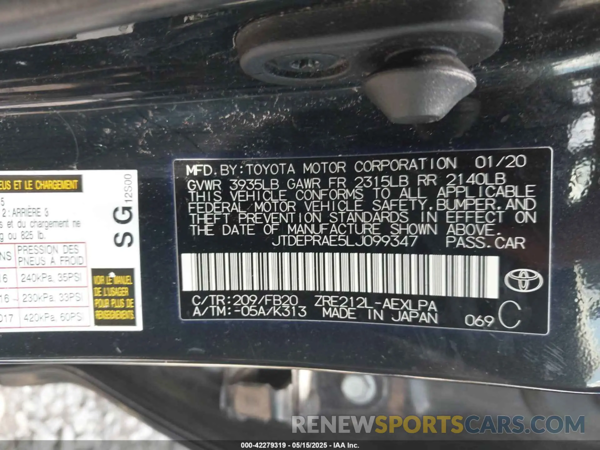 9 fotografías del automóvil dañado JTDEPRAE5LJ099347 TOYOTA COROLLA 2020