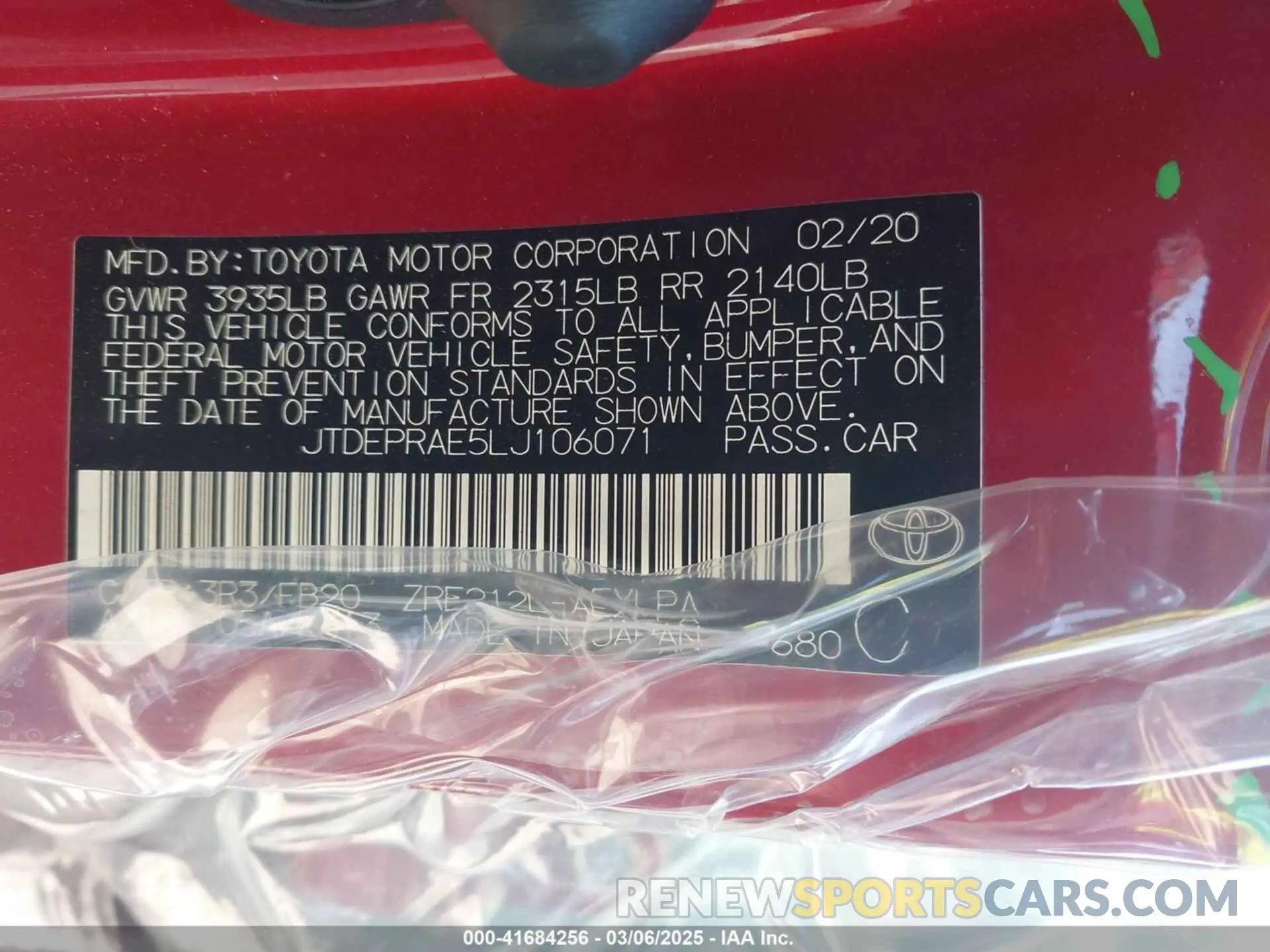 9 fotografías del automóvil dañado JTDEPRAE5LJ106071 TOYOTA COROLLA 2020