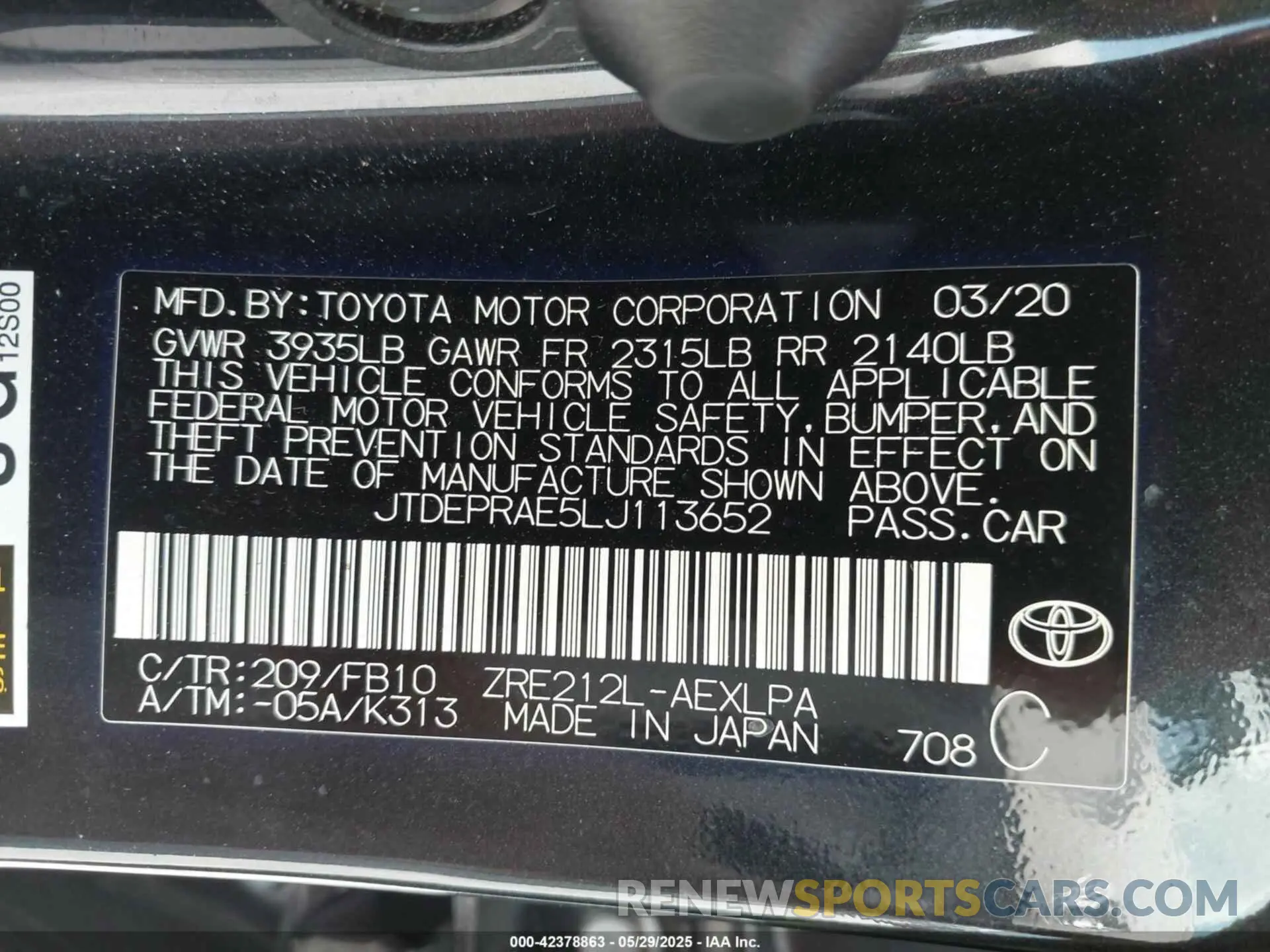 9 fotografías del automóvil dañado JTDEPRAE5LJ113652 TOYOTA COROLLA 2020