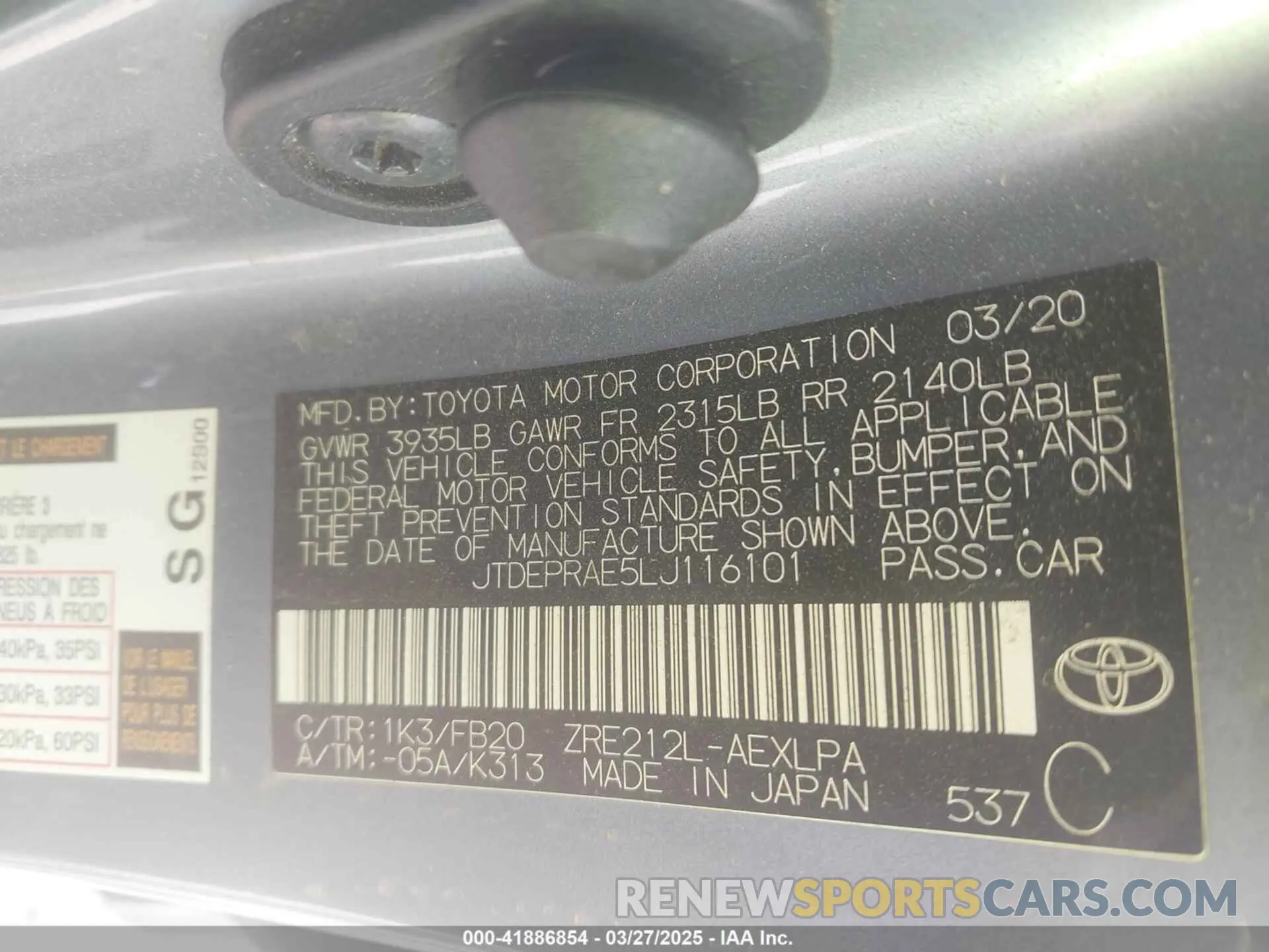 9 fotografías del automóvil dañado JTDEPRAE5LJ116101 TOYOTA COROLLA 2020