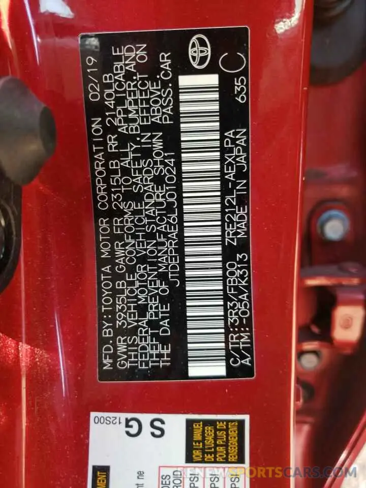 10 fotografías del automóvil dañado JTDEPRAE6LJ010241 TOYOTA COROLLA 2020