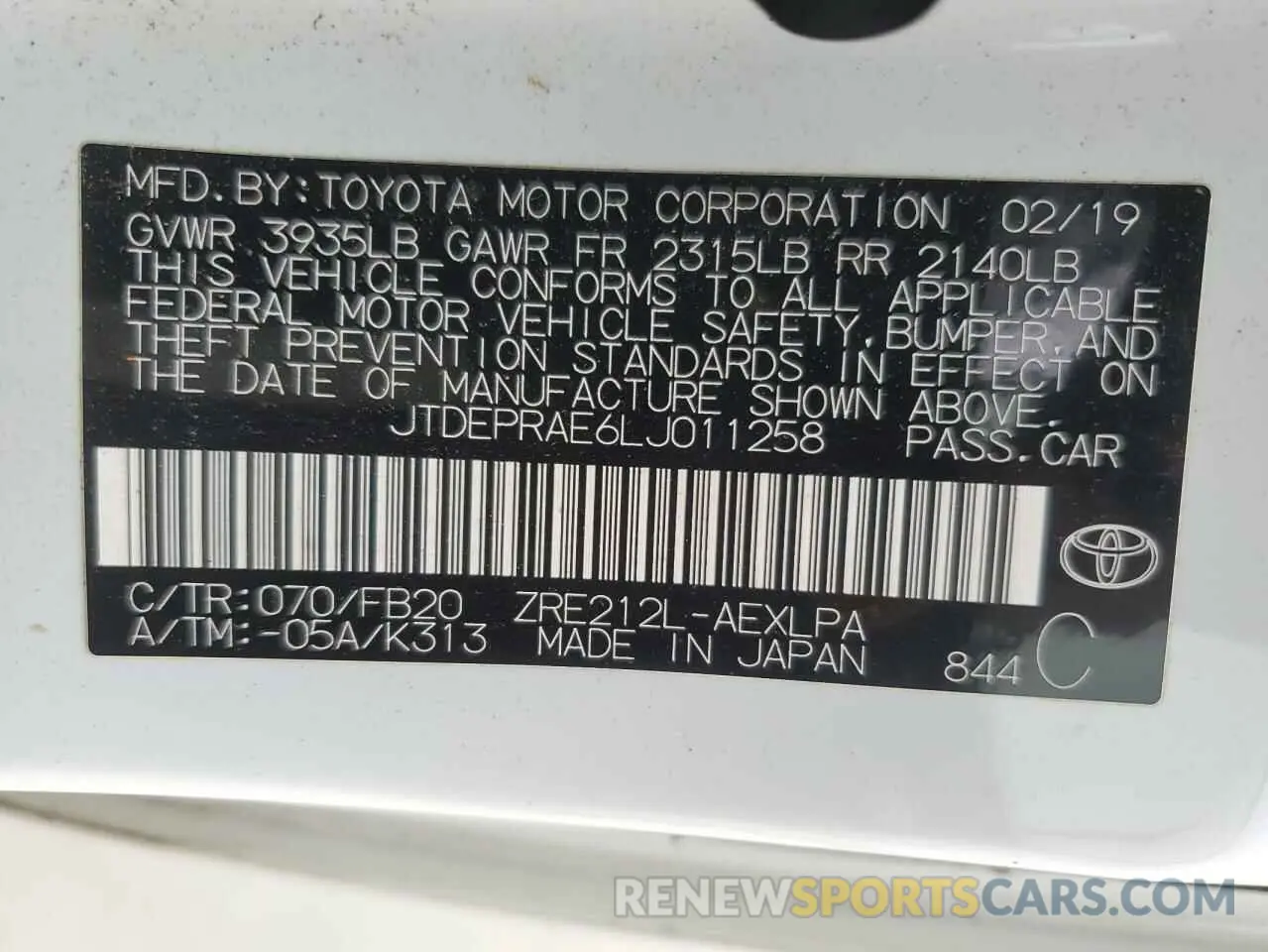 12 fotografías del automóvil dañado JTDEPRAE6LJ011258 TOYOTA COROLLA 2020