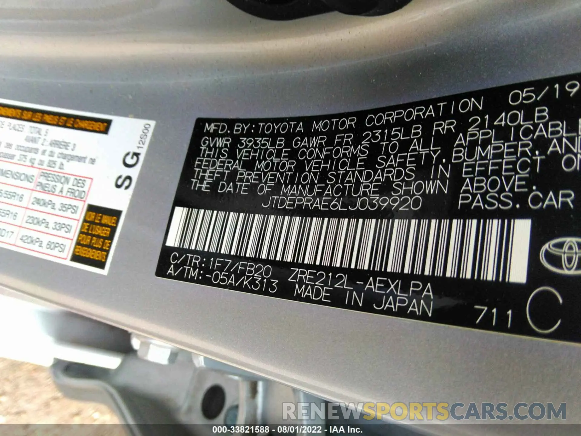 9 fotografías del automóvil dañado JTDEPRAE6LJ039920 TOYOTA COROLLA 2020