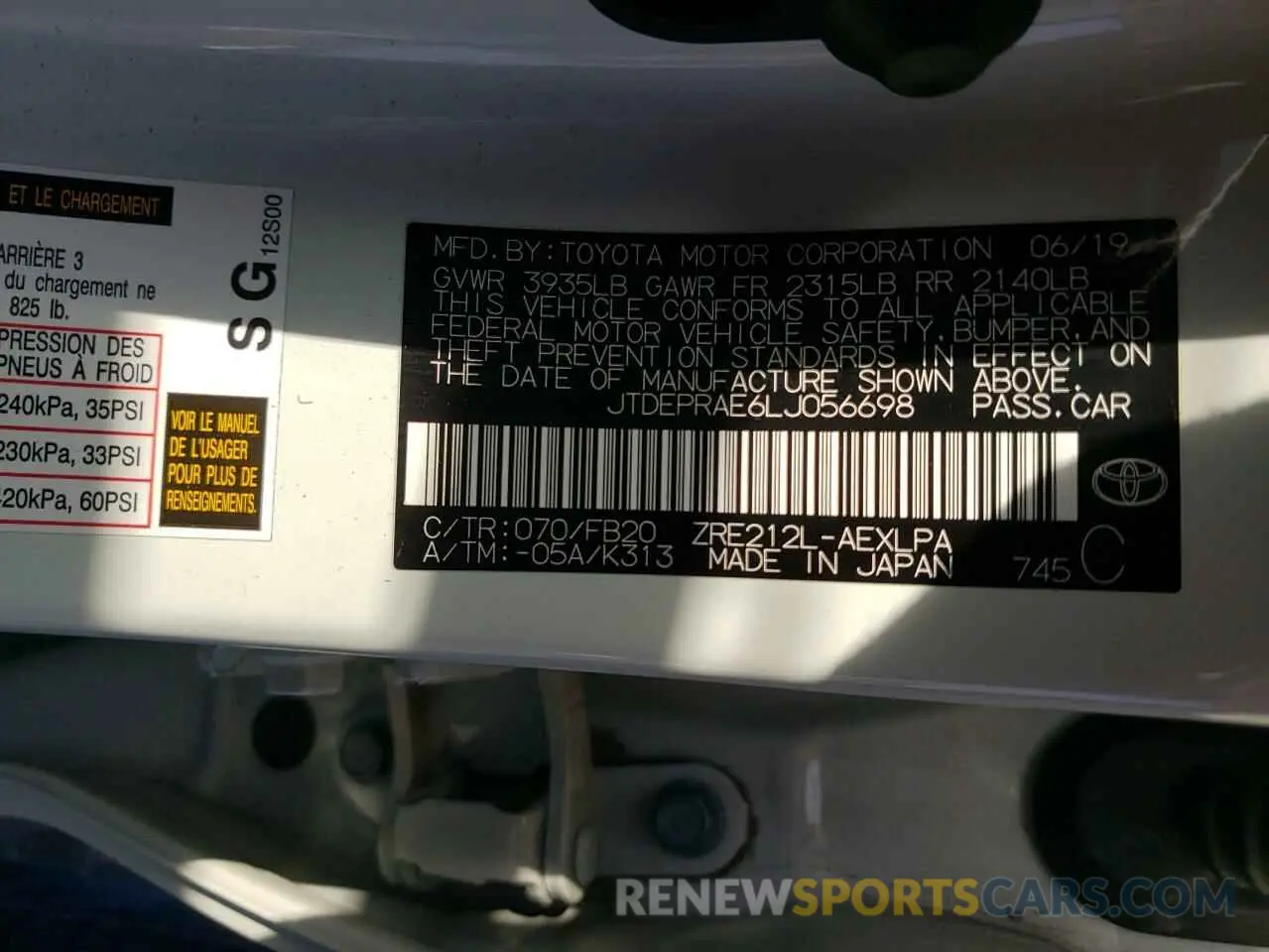 10 fotografías del automóvil dañado JTDEPRAE6LJ056698 TOYOTA COROLLA 2020