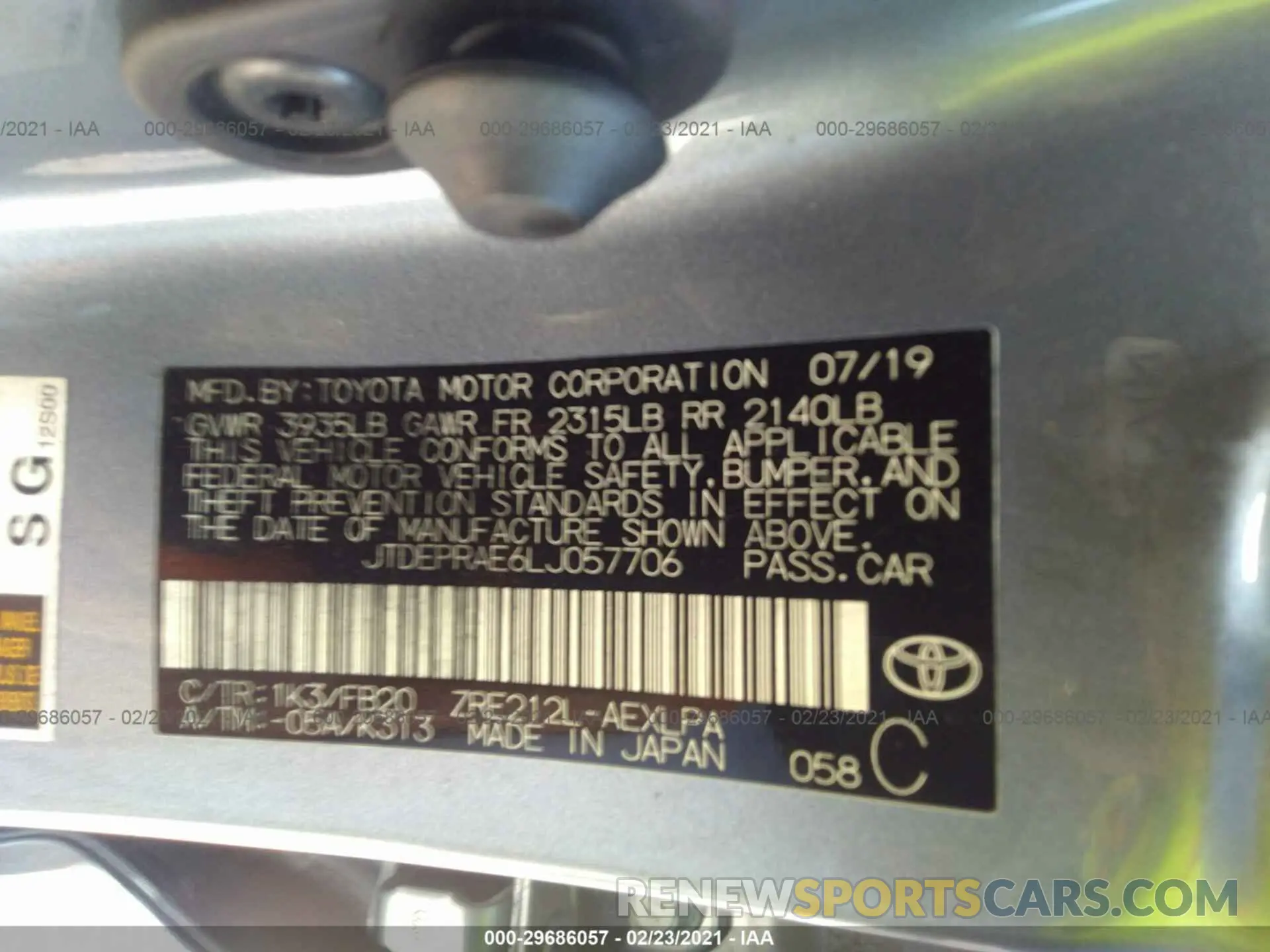 9 fotografías del automóvil dañado JTDEPRAE6LJ057706 TOYOTA COROLLA 2020