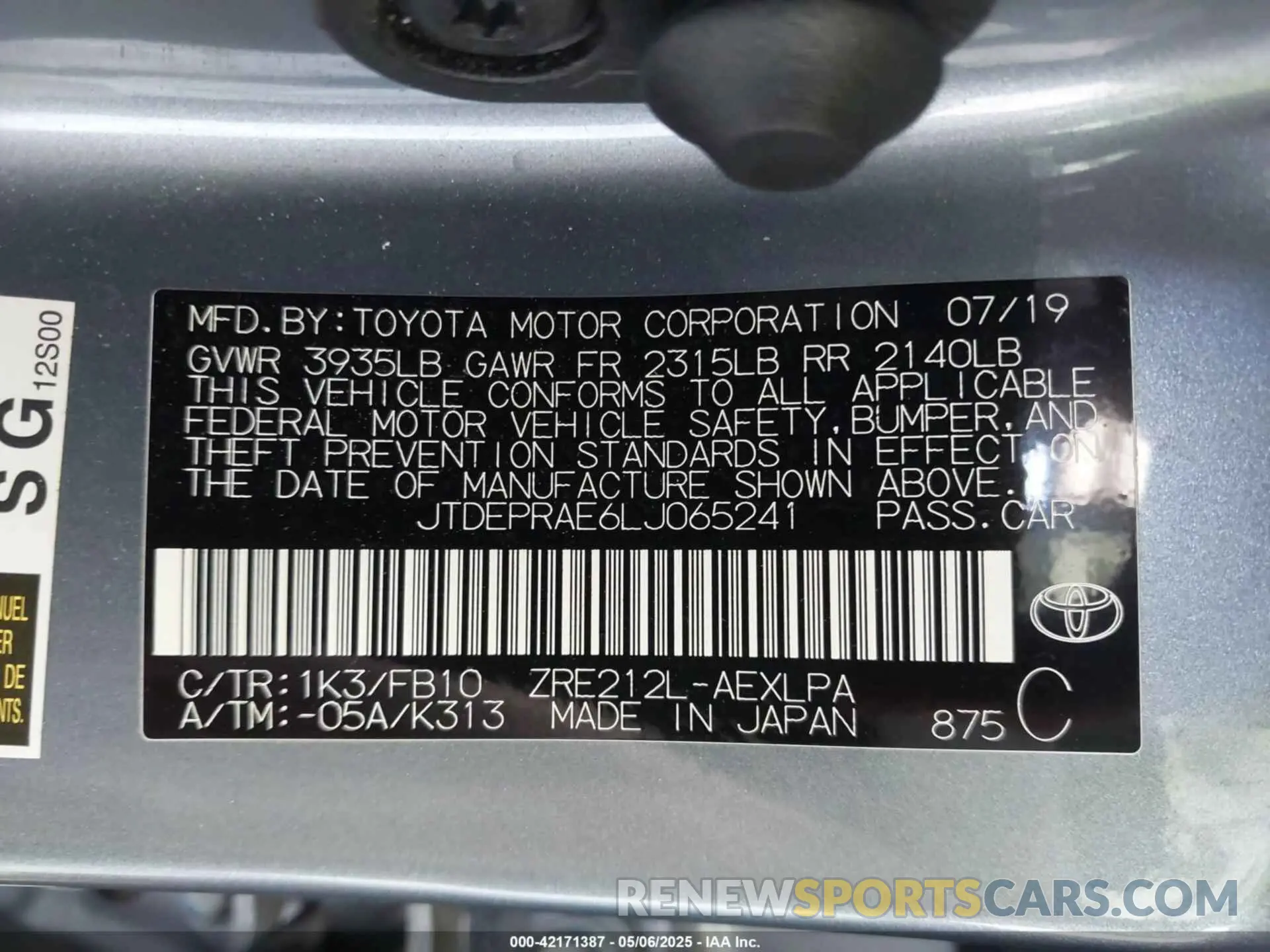 9 fotografías del automóvil dañado JTDEPRAE6LJ065241 TOYOTA COROLLA 2020