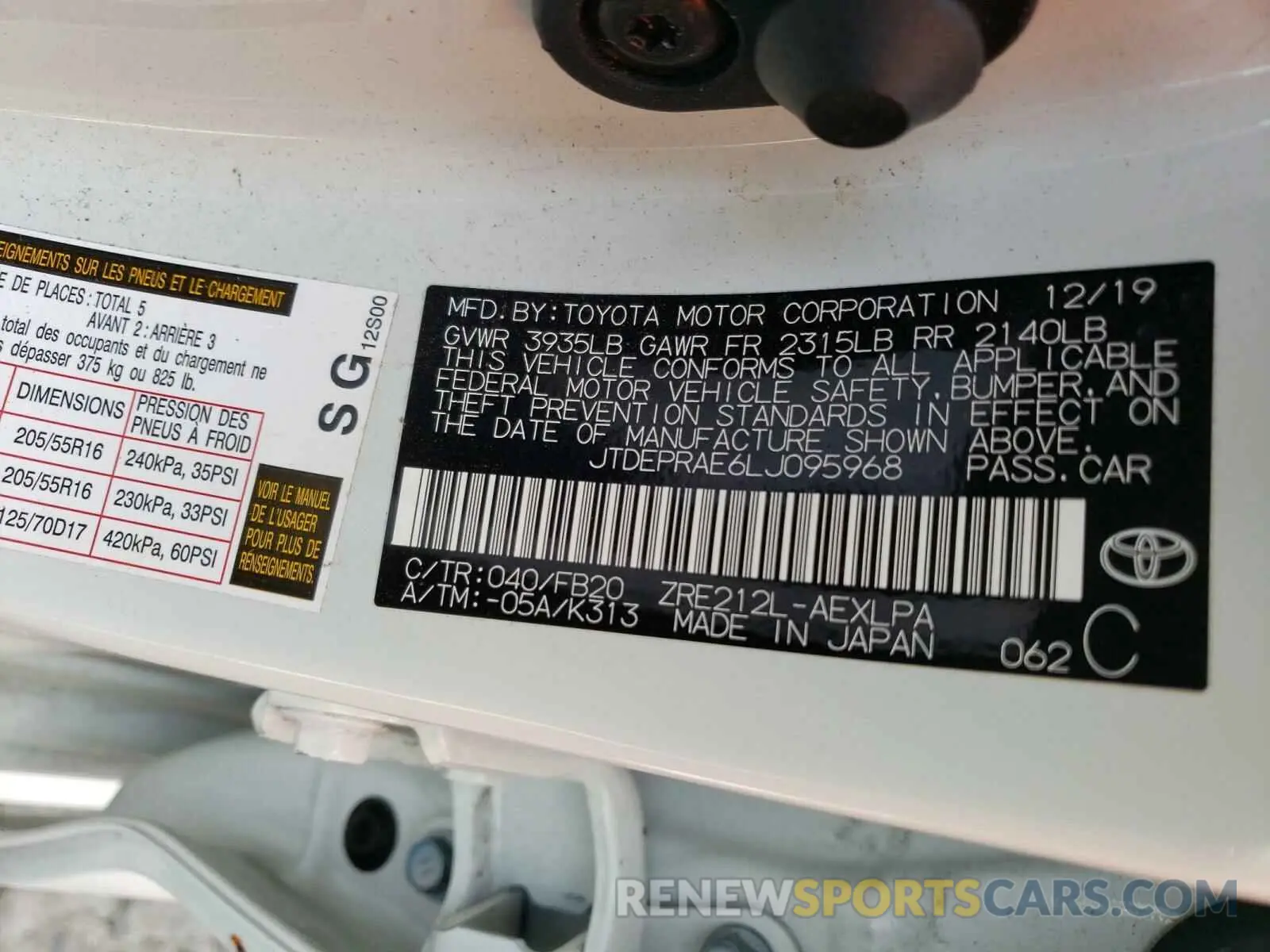 10 fotografías del automóvil dañado JTDEPRAE6LJ095968 TOYOTA COROLLA 2020