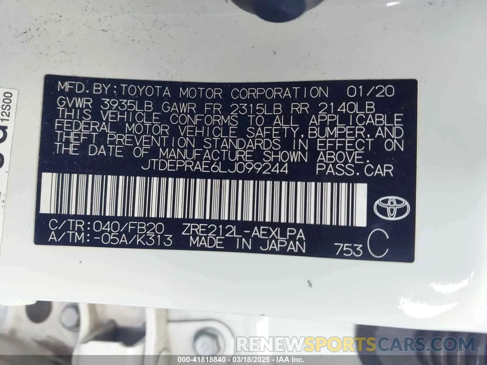 9 fotografías del automóvil dañado JTDEPRAE6LJ099244 TOYOTA COROLLA 2020