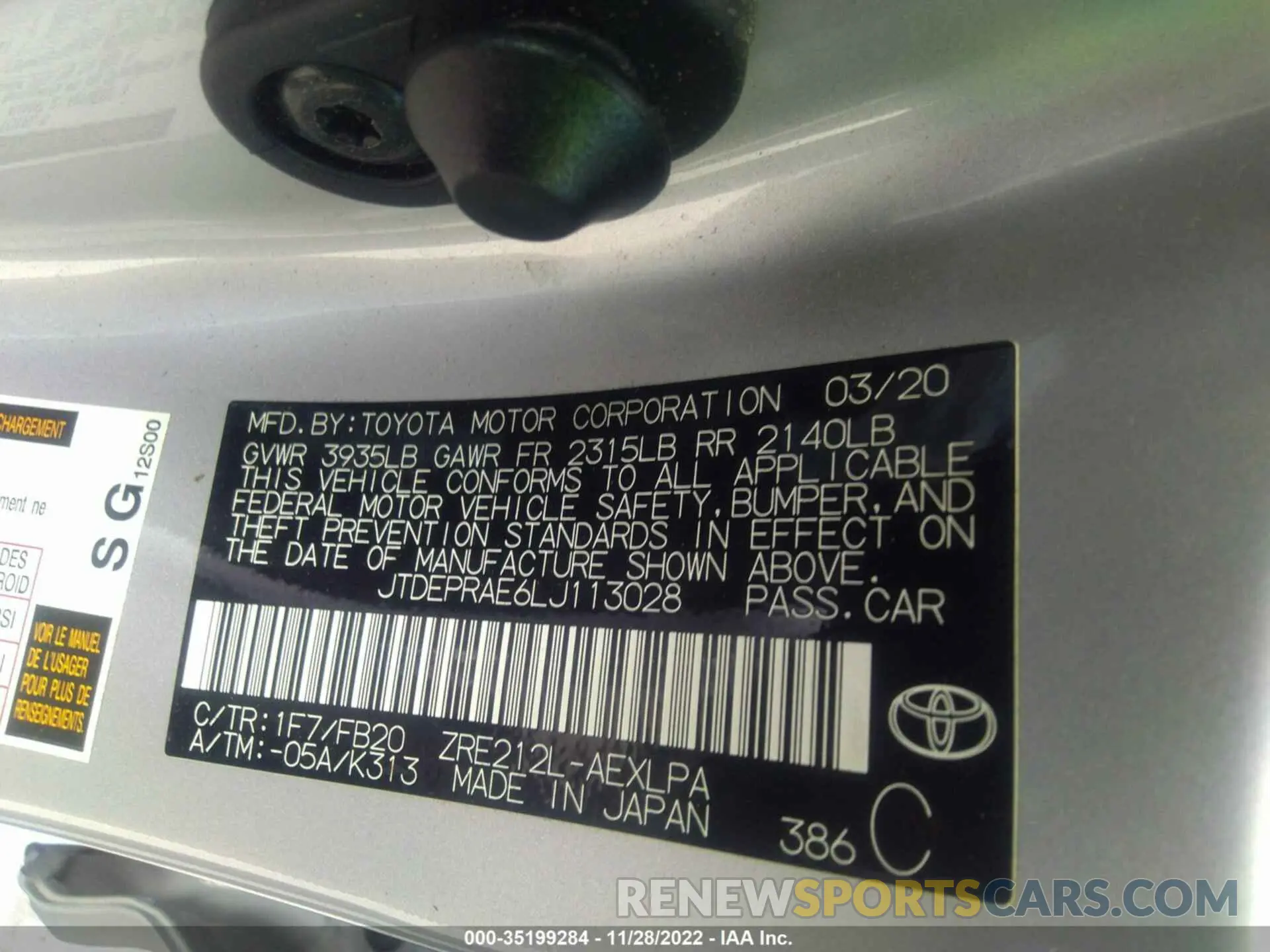 9 fotografías del automóvil dañado JTDEPRAE6LJ113028 TOYOTA COROLLA 2020