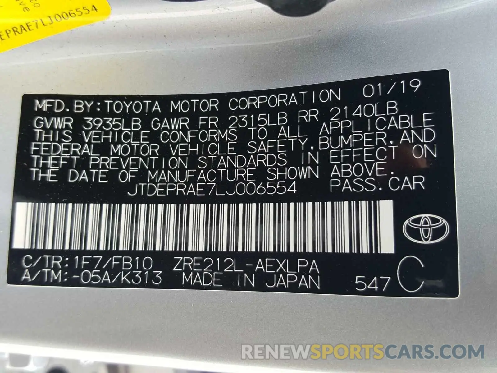 10 fotografías del automóvil dañado JTDEPRAE7LJ006554 TOYOTA COROLLA 2020