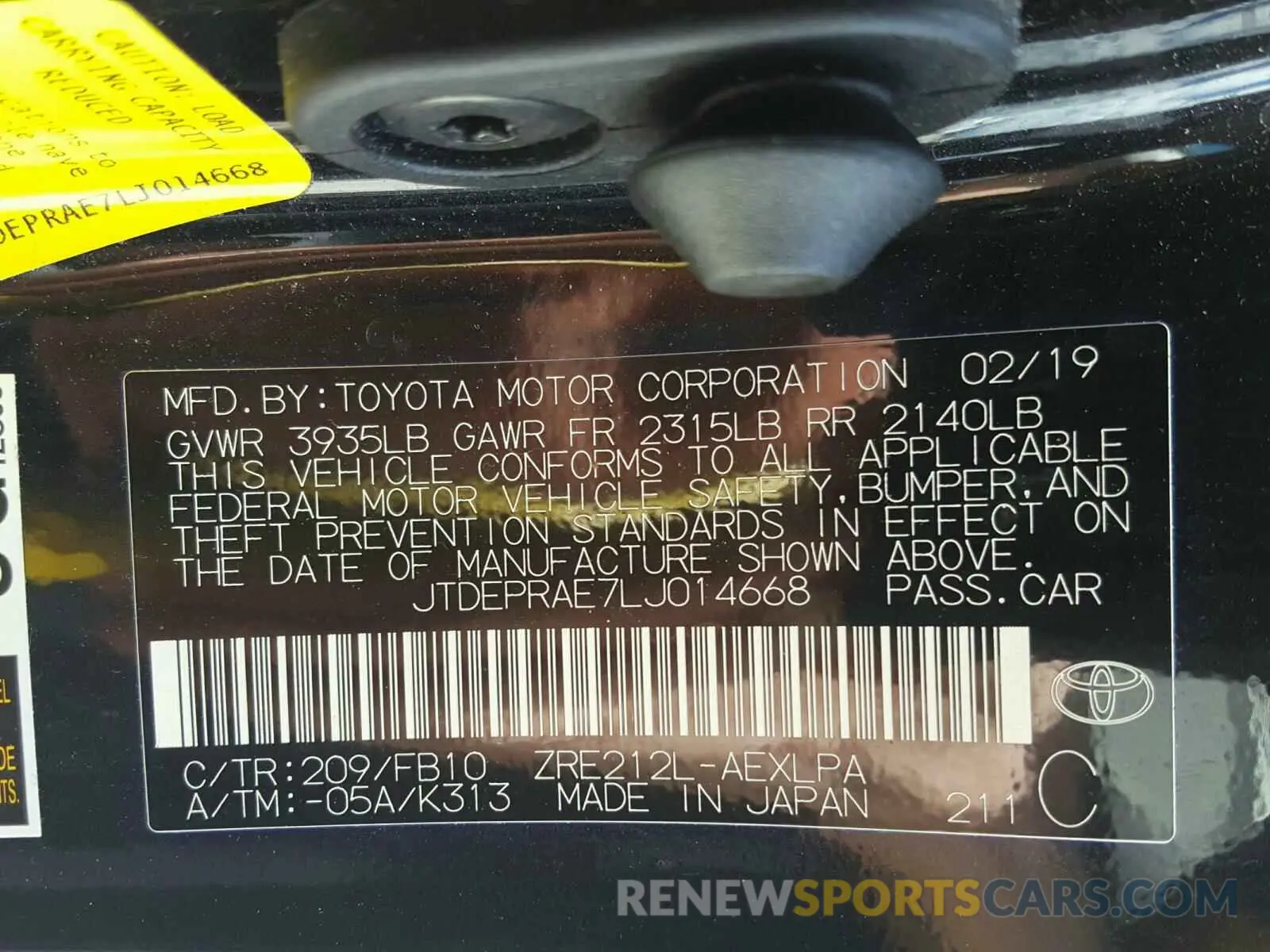 10 fotografías del automóvil dañado JTDEPRAE7LJ014668 TOYOTA COROLLA 2020