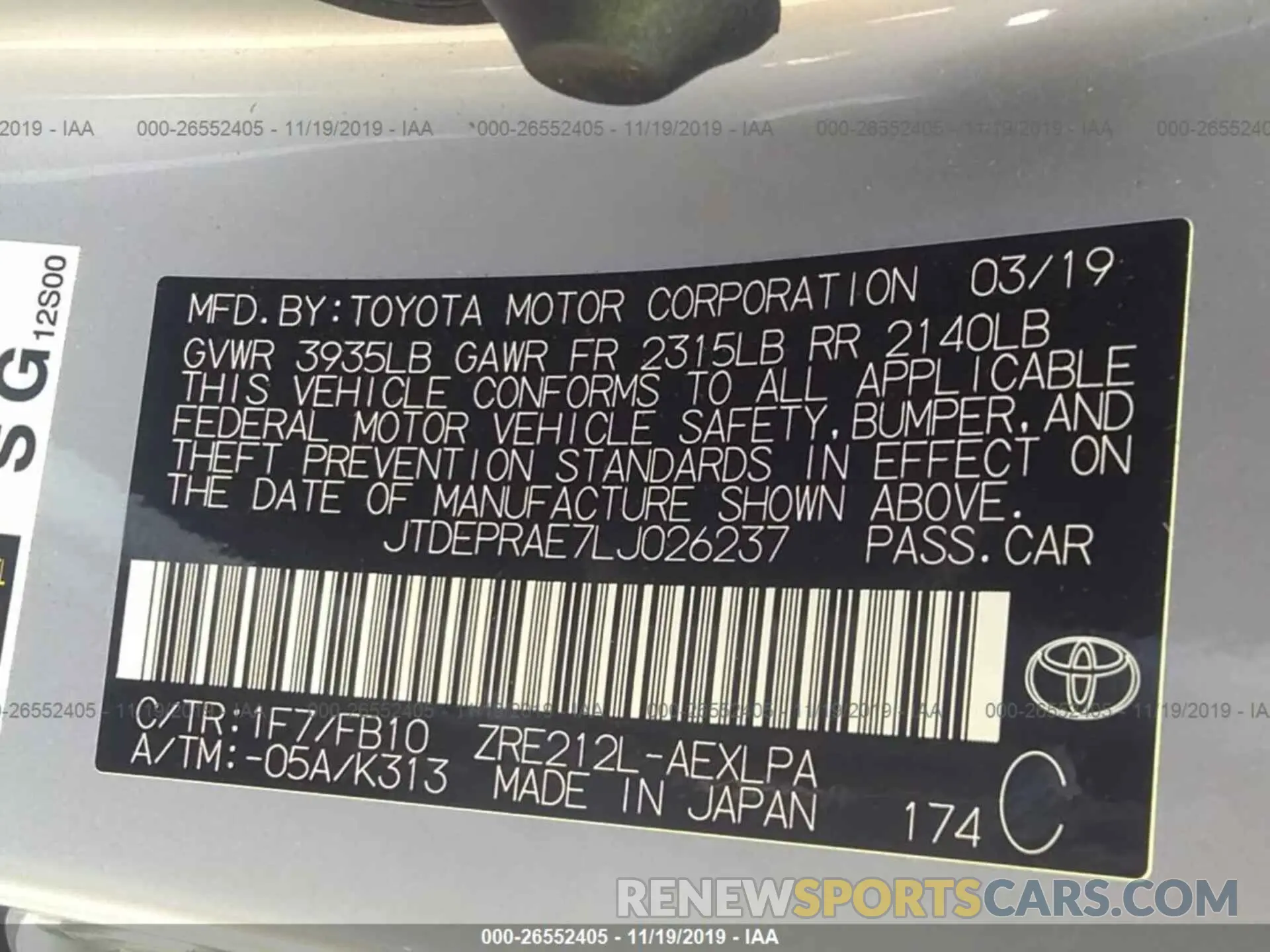 9 fotografías del automóvil dañado JTDEPRAE7LJ026237 TOYOTA COROLLA 2020