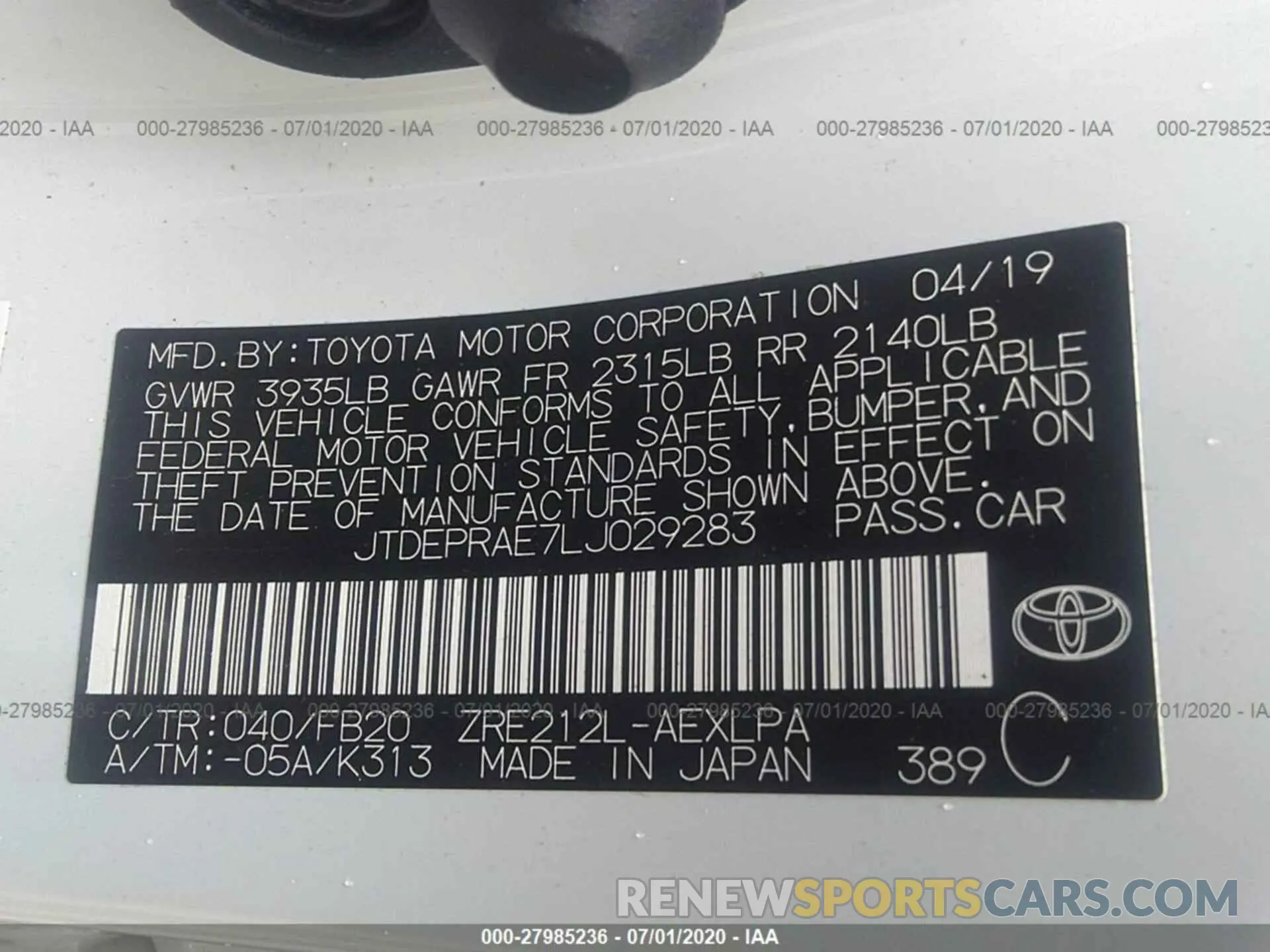 9 fotografías del automóvil dañado JTDEPRAE7LJ029283 TOYOTA COROLLA 2020