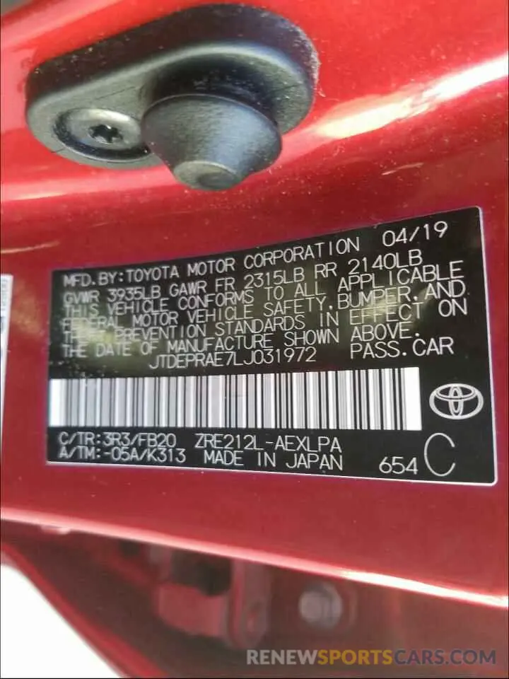 10 fotografías del automóvil dañado JTDEPRAE7LJ031972 TOYOTA COROLLA 2020