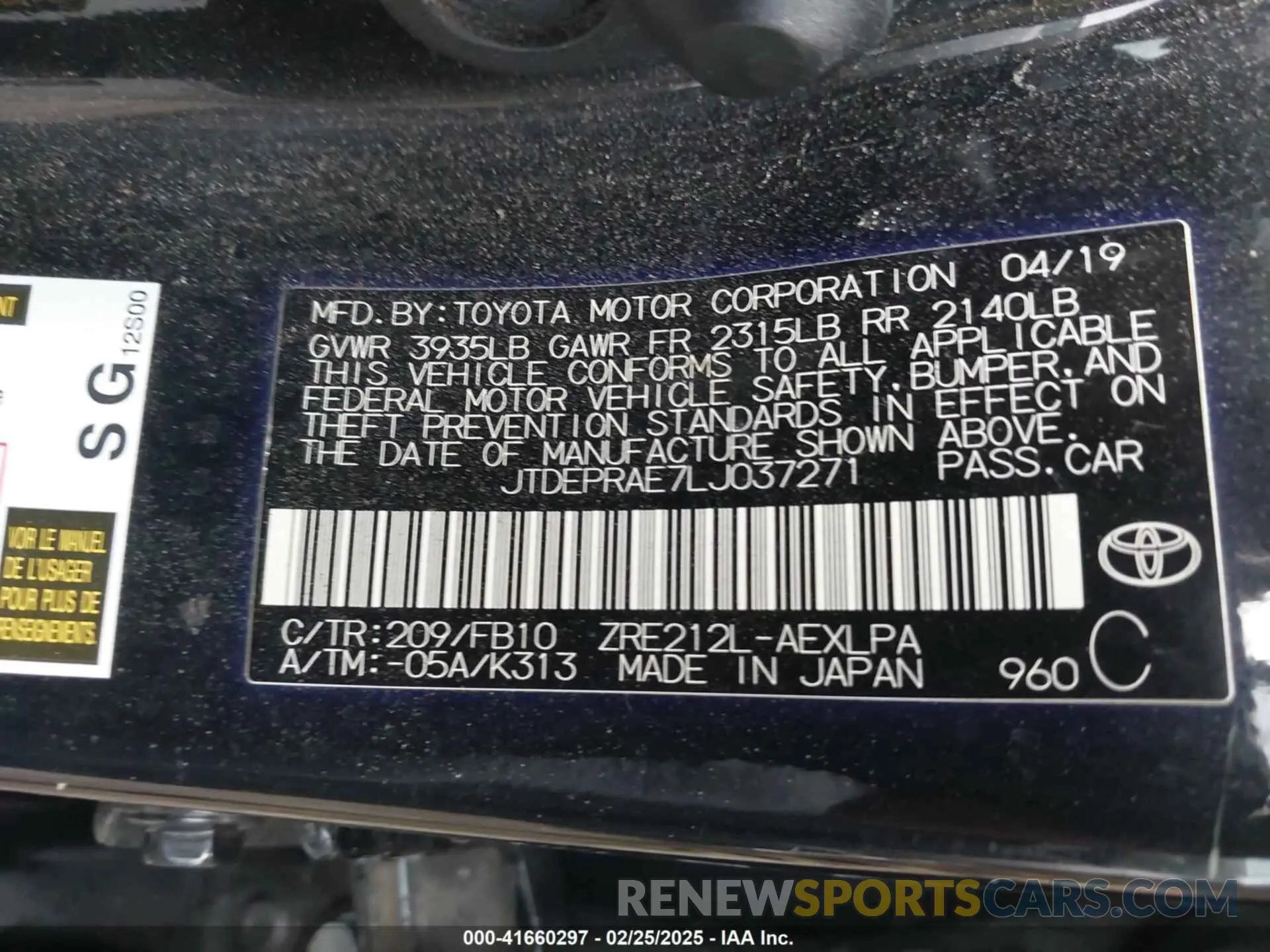 9 fotografías del automóvil dañado JTDEPRAE7LJ037271 TOYOTA COROLLA 2020