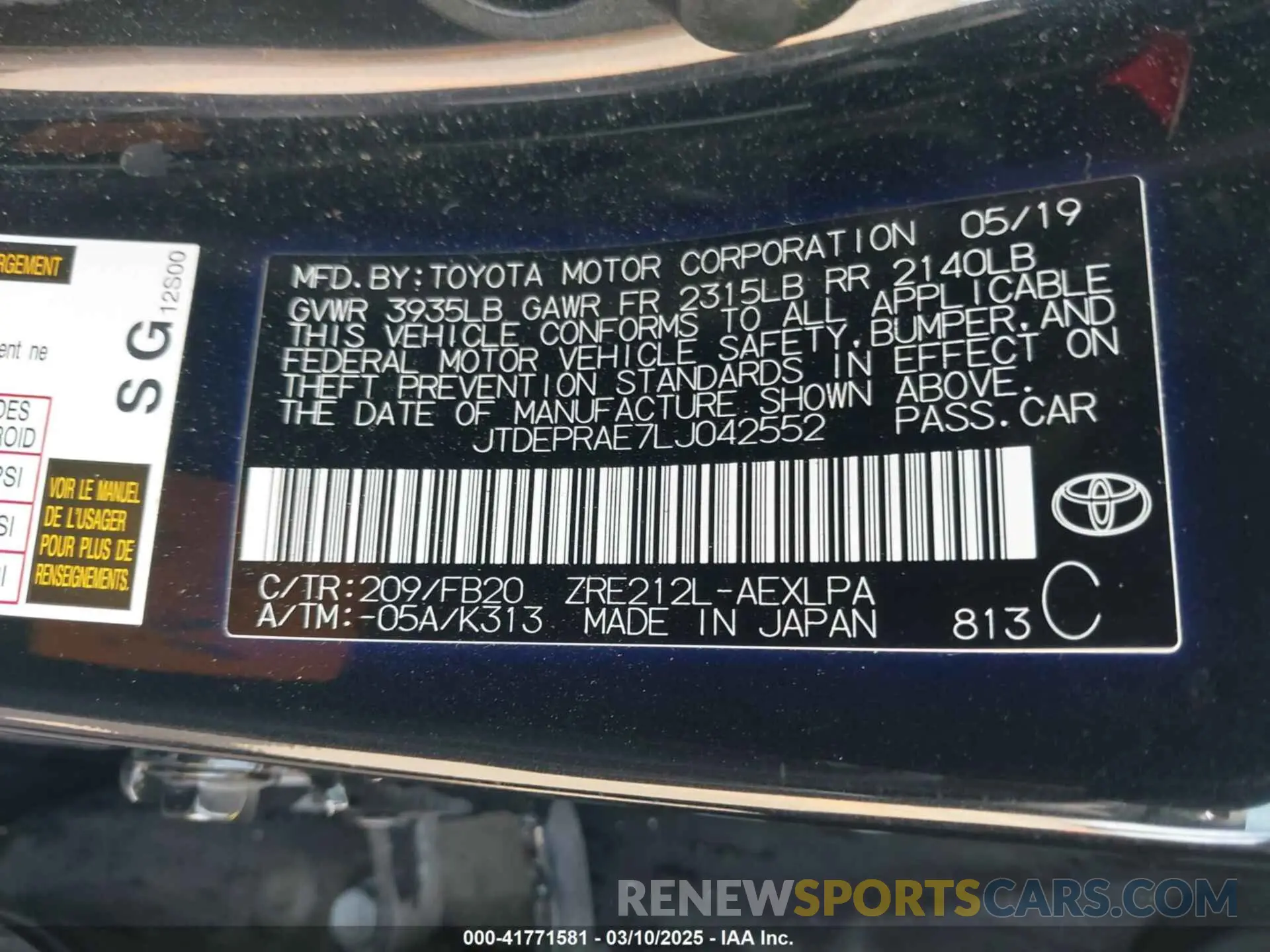 9 fotografías del automóvil dañado JTDEPRAE7LJ042552 TOYOTA COROLLA 2020