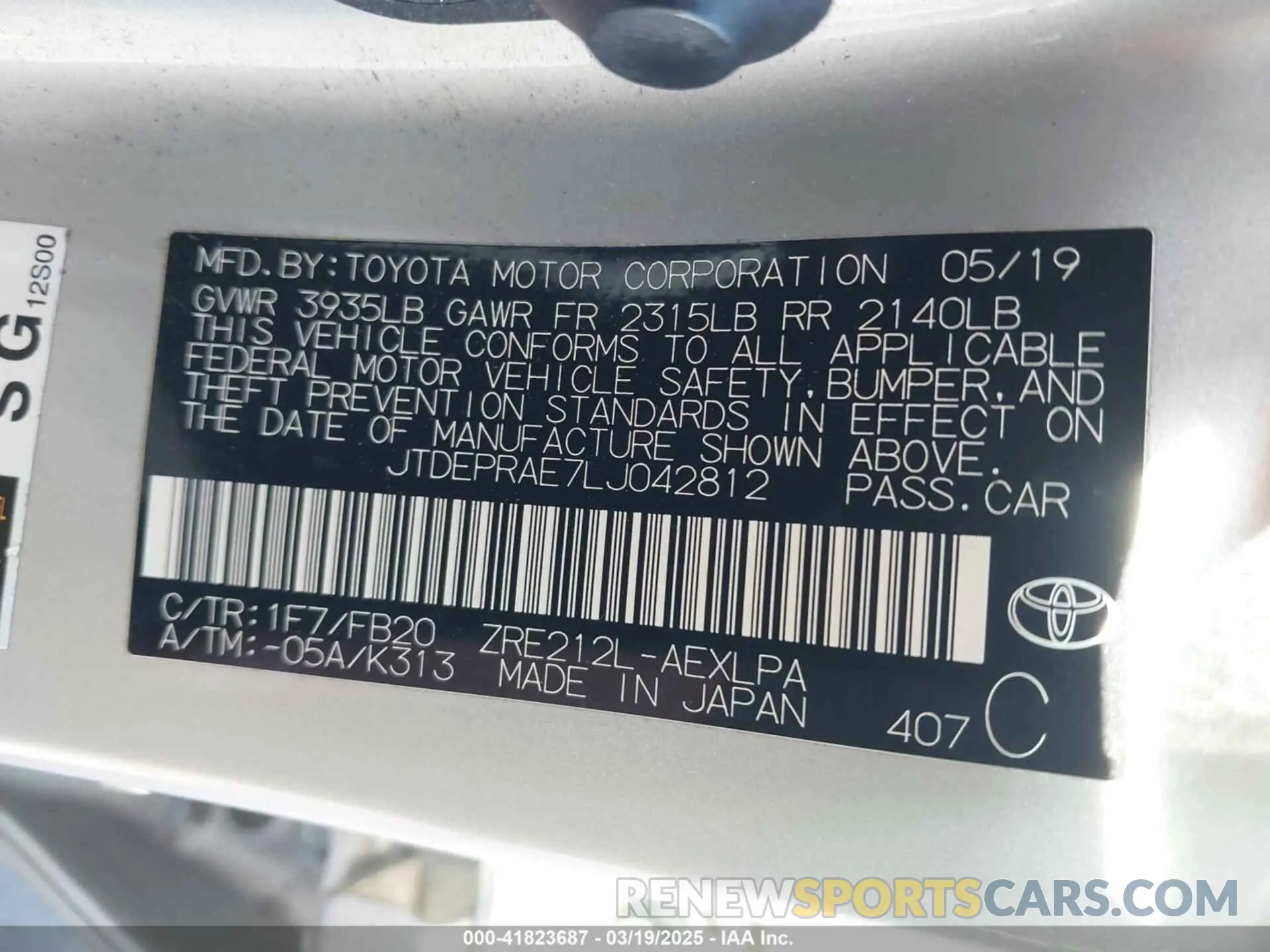9 fotografías del automóvil dañado JTDEPRAE7LJ042812 TOYOTA COROLLA 2020