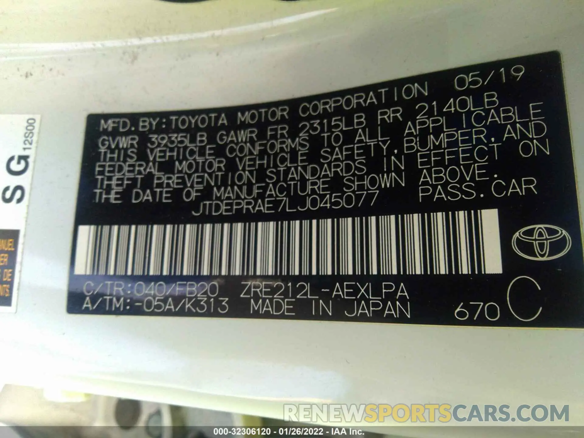 9 fotografías del automóvil dañado JTDEPRAE7LJ045077 TOYOTA COROLLA 2020