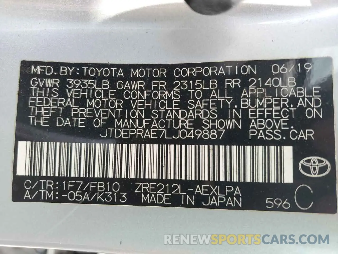 12 fotografías del automóvil dañado JTDEPRAE7LJ049887 TOYOTA COROLLA 2020