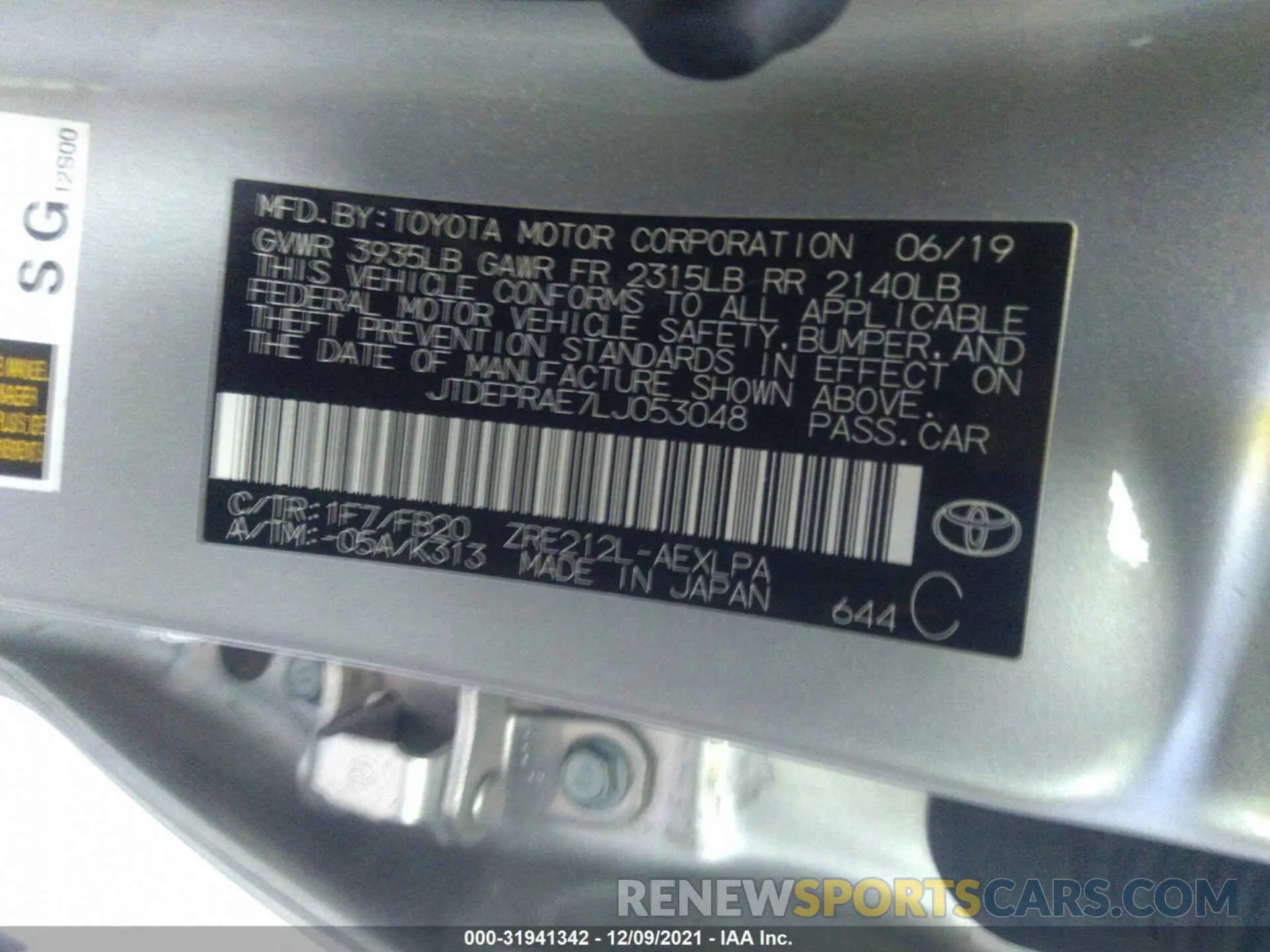 9 fotografías del automóvil dañado JTDEPRAE7LJ053048 TOYOTA COROLLA 2020