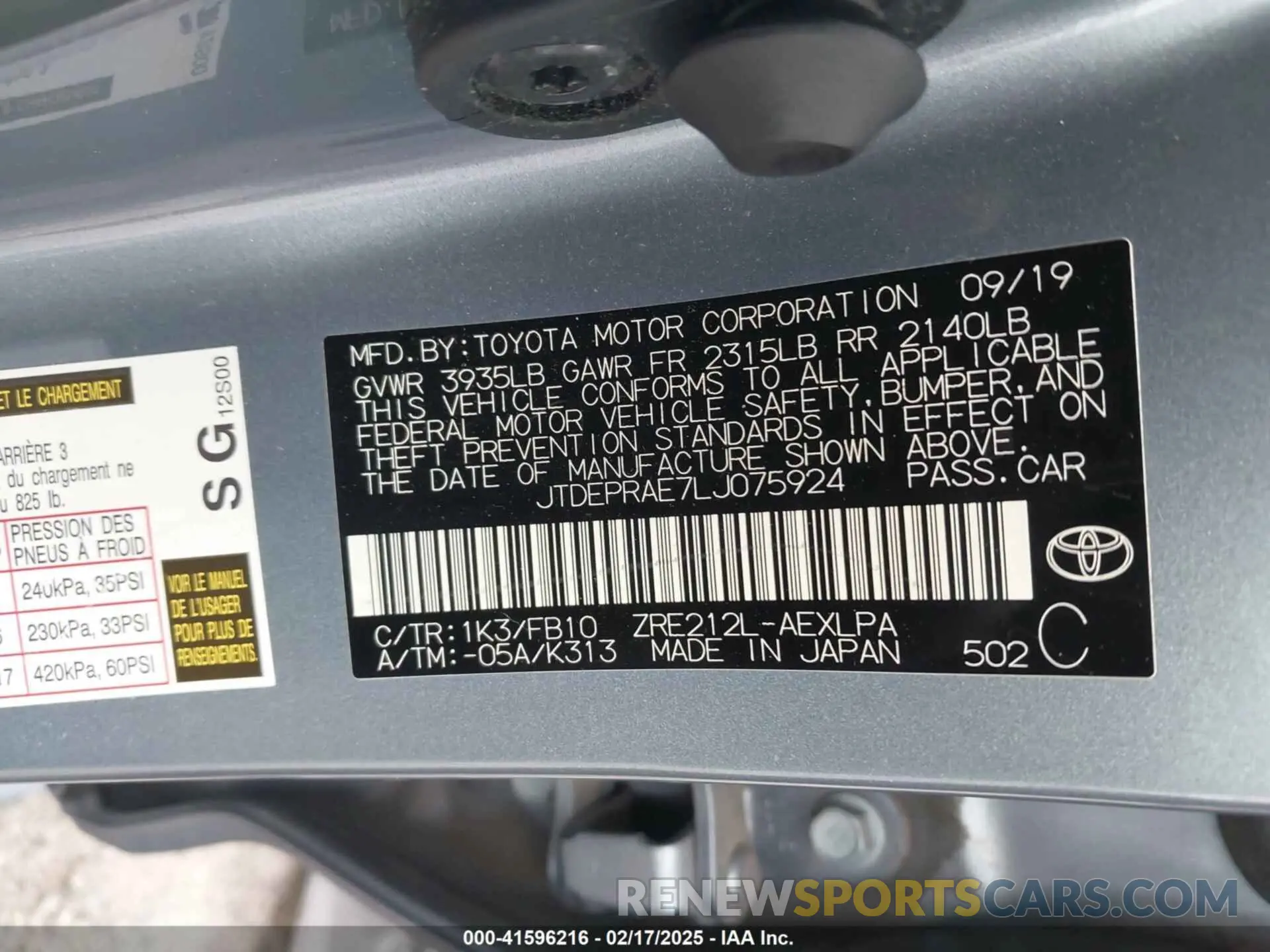 9 fotografías del automóvil dañado JTDEPRAE7LJ075924 TOYOTA COROLLA 2020