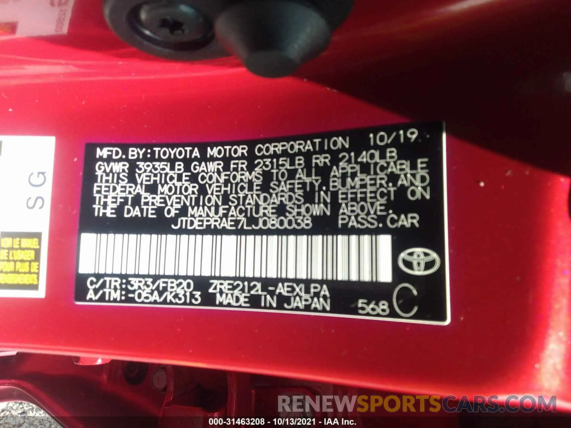 9 fotografías del automóvil dañado JTDEPRAE7LJ080038 TOYOTA COROLLA 2020