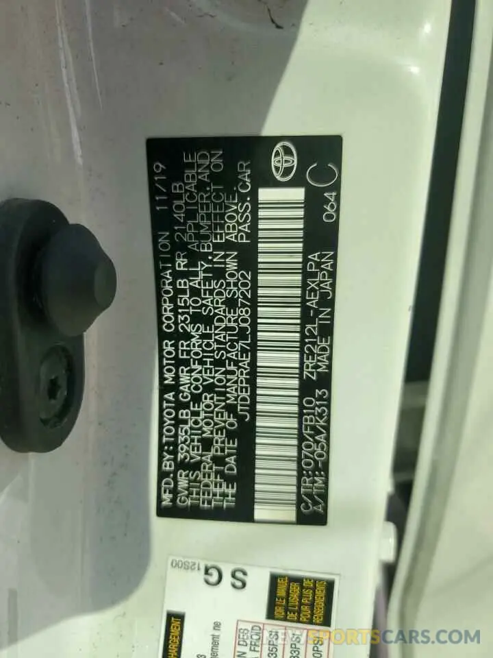 12 fotografías del automóvil dañado JTDEPRAE7LJ087202 TOYOTA COROLLA 2020