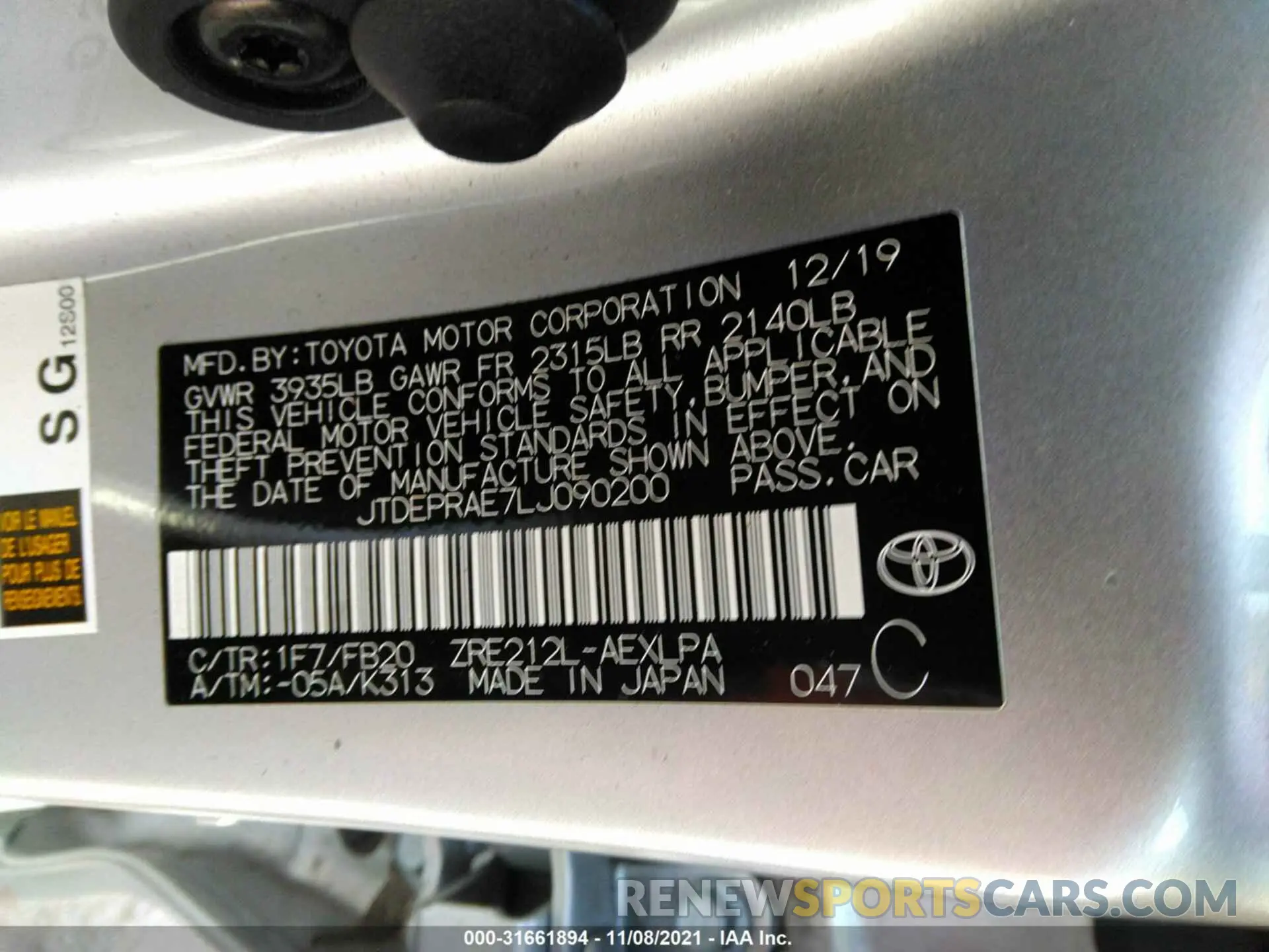 9 fotografías del automóvil dañado JTDEPRAE7LJ090200 TOYOTA COROLLA 2020