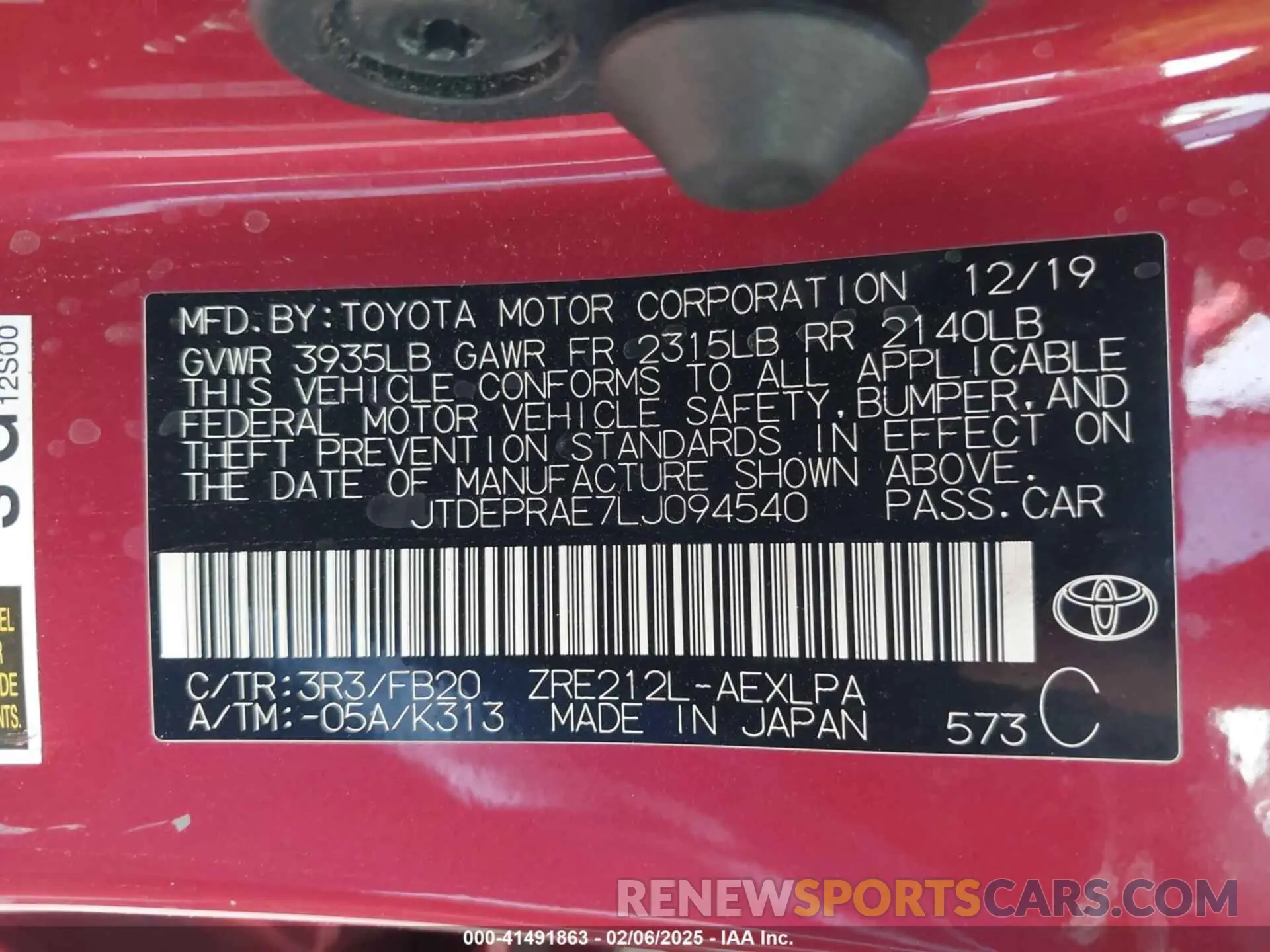 9 fotografías del automóvil dañado JTDEPRAE7LJ094540 TOYOTA COROLLA 2020