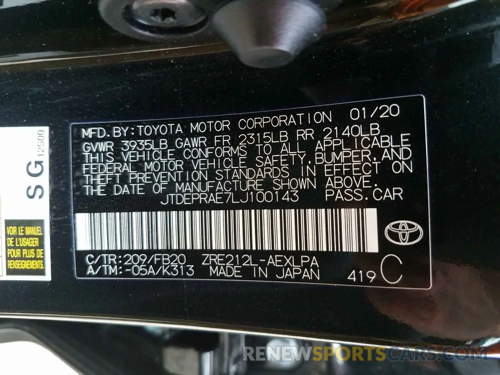 10 fotografías del automóvil dañado JTDEPRAE7LJ100143 TOYOTA COROLLA 2020