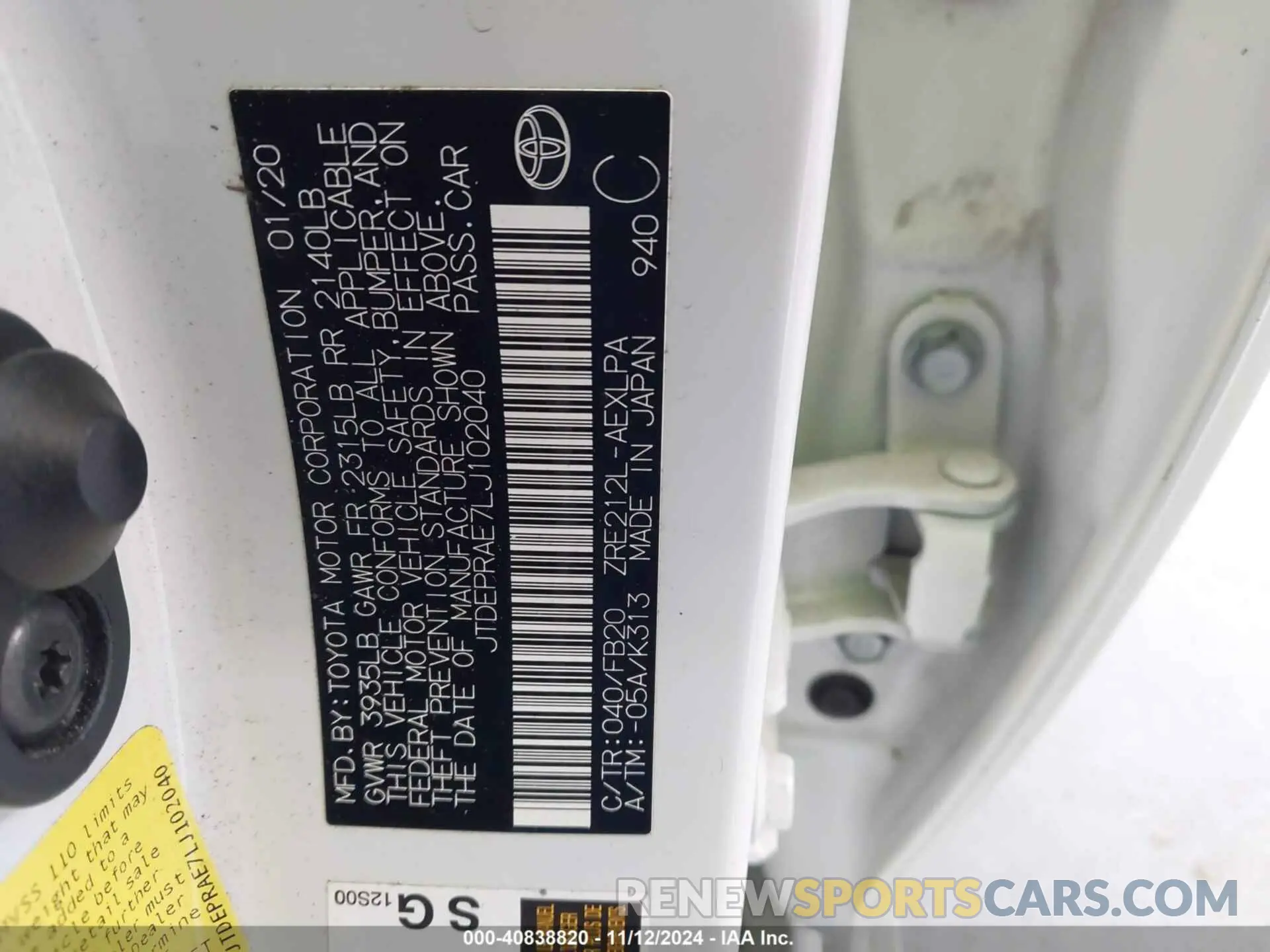 9 fotografías del automóvil dañado JTDEPRAE7LJ102040 TOYOTA COROLLA 2020