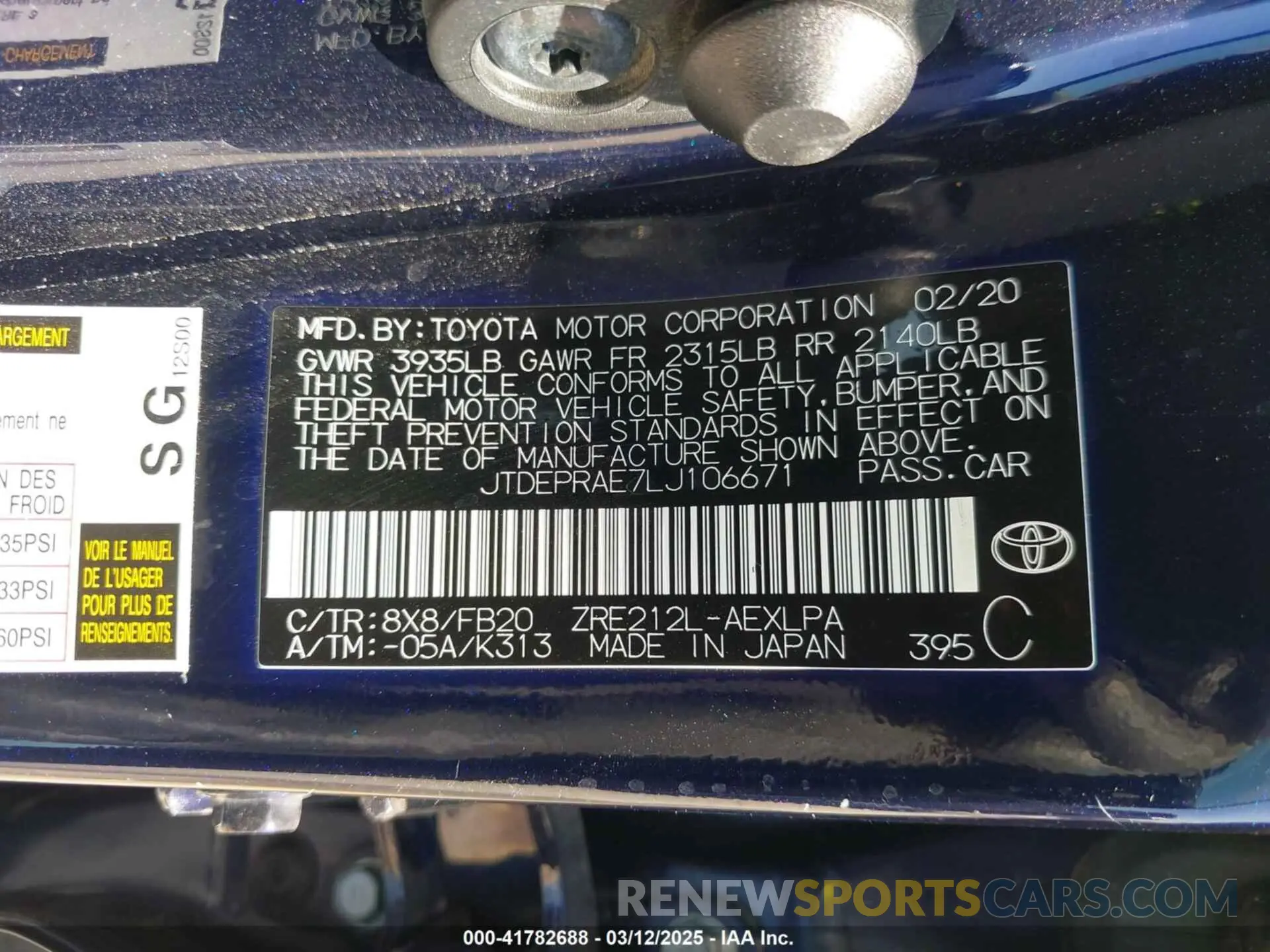 9 fotografías del automóvil dañado JTDEPRAE7LJ106671 TOYOTA COROLLA 2020
