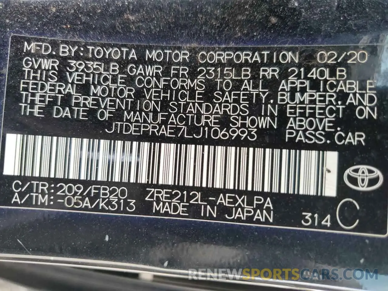 12 fotografías del automóvil dañado JTDEPRAE7LJ106993 TOYOTA COROLLA 2020