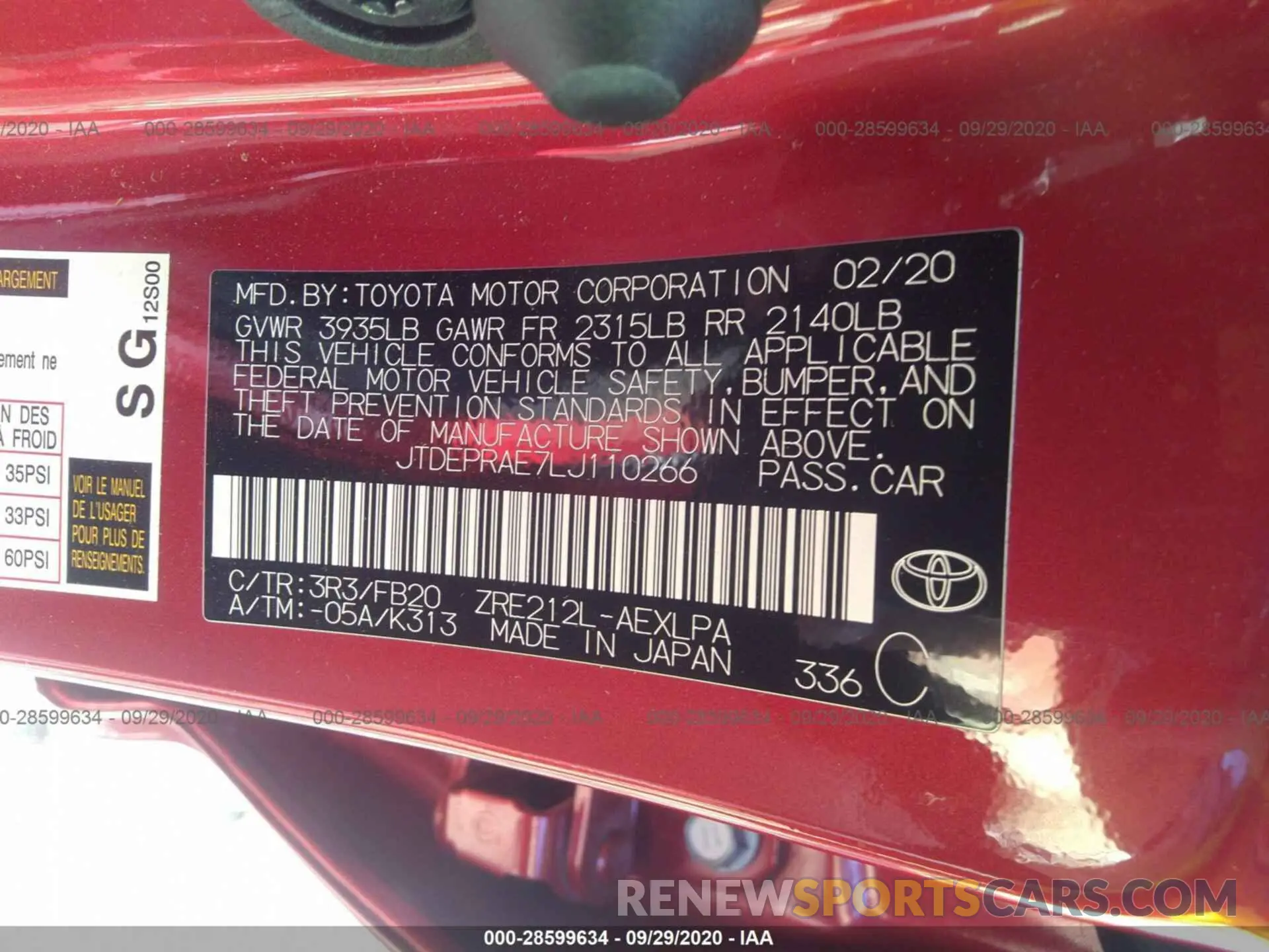 9 fotografías del automóvil dañado JTDEPRAE7LJ110266 TOYOTA COROLLA 2020