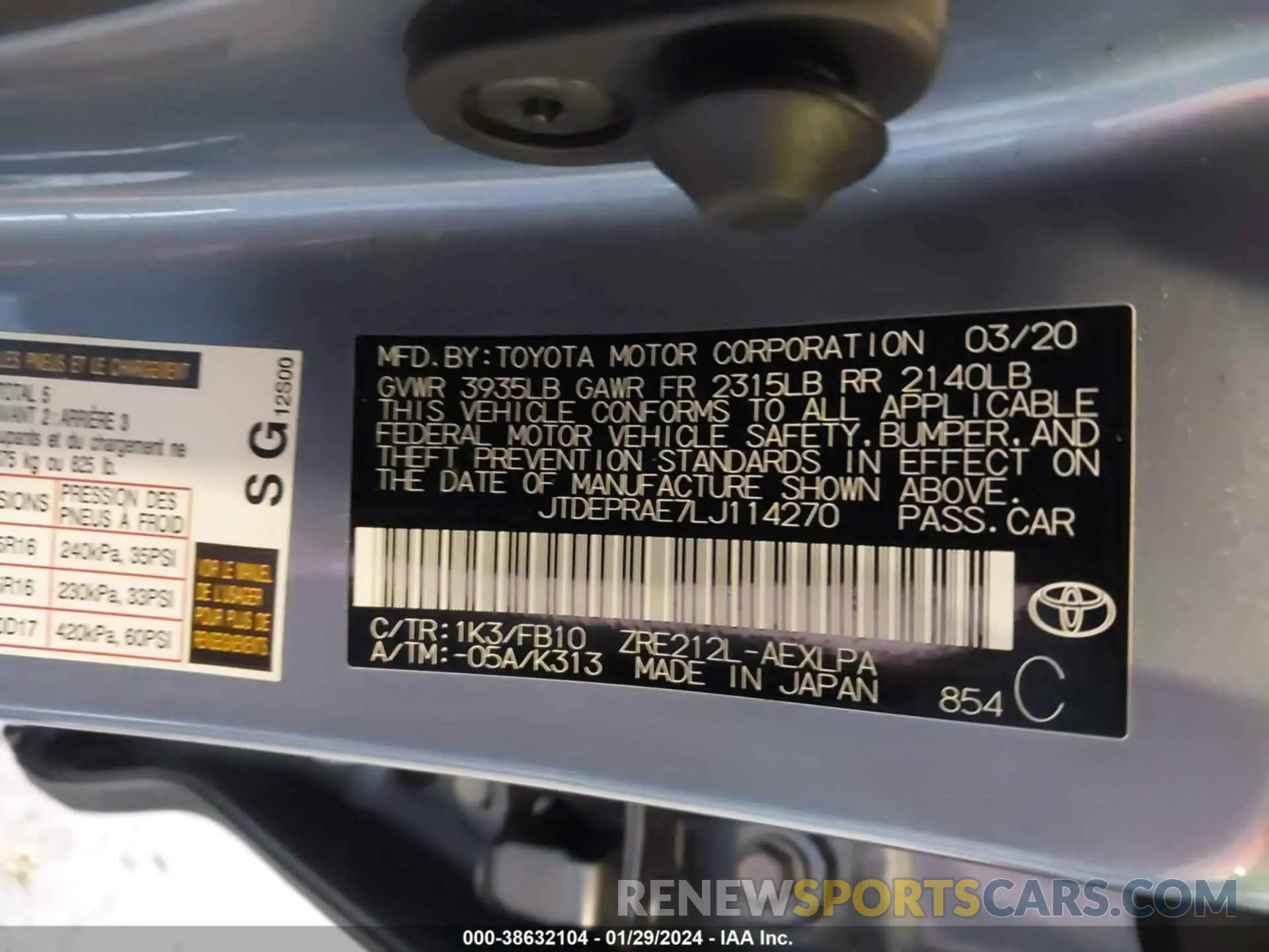 9 fotografías del automóvil dañado JTDEPRAE7LJ114270 TOYOTA COROLLA 2020