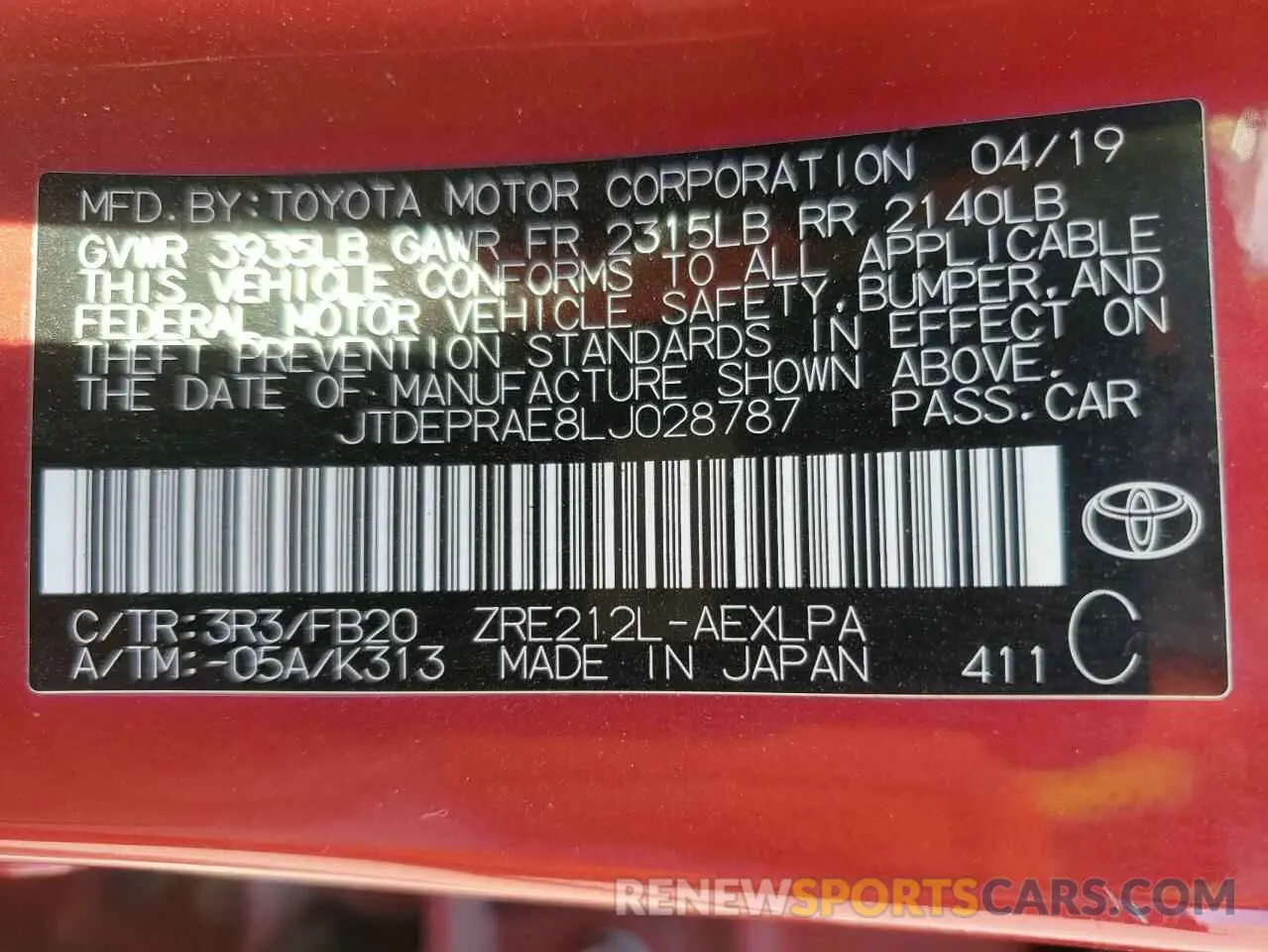 13 fotografías del automóvil dañado JTDEPRAE8LJ028787 TOYOTA COROLLA 2020