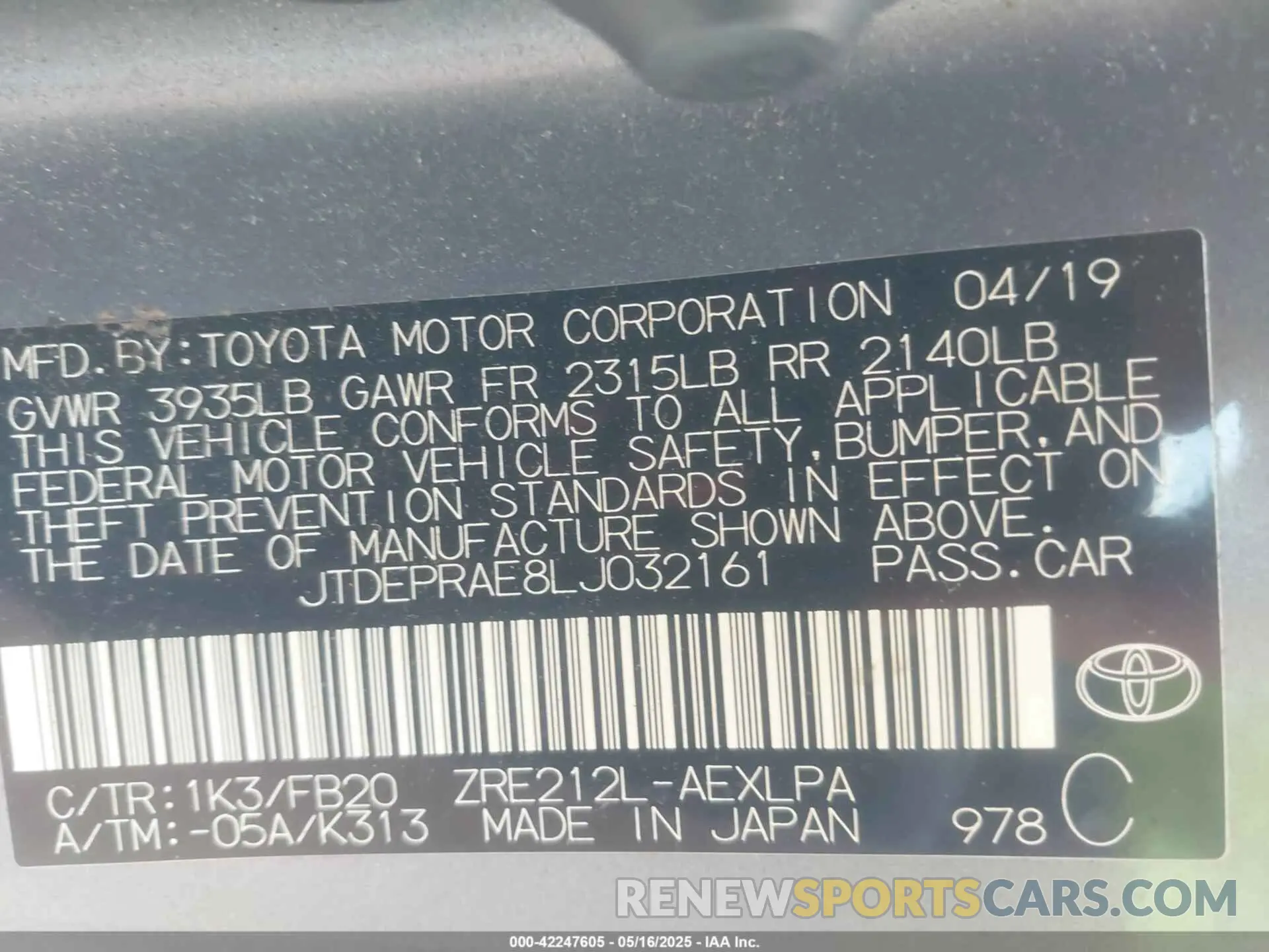 9 fotografías del automóvil dañado JTDEPRAE8LJ032161 TOYOTA COROLLA 2020