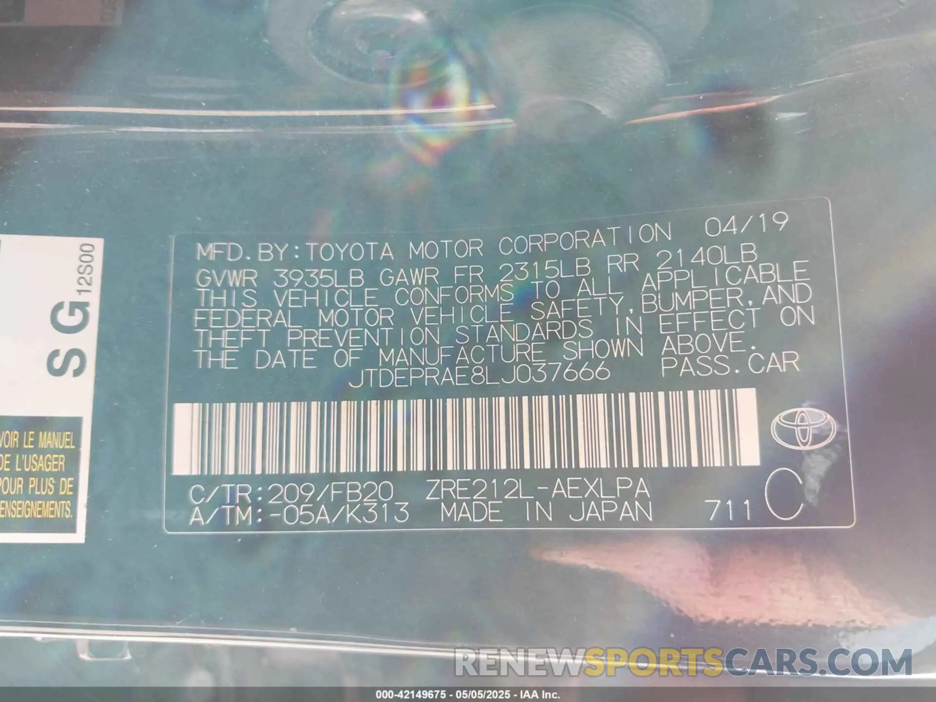 9 fotografías del automóvil dañado JTDEPRAE8LJ037666 TOYOTA COROLLA 2020
