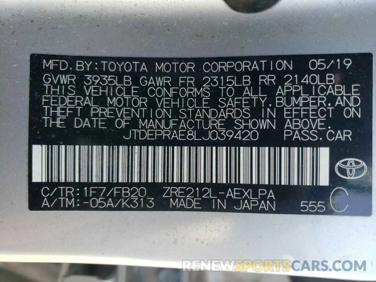 12 fotografías del automóvil dañado JTDEPRAE8LJ039420 TOYOTA COROLLA 2020