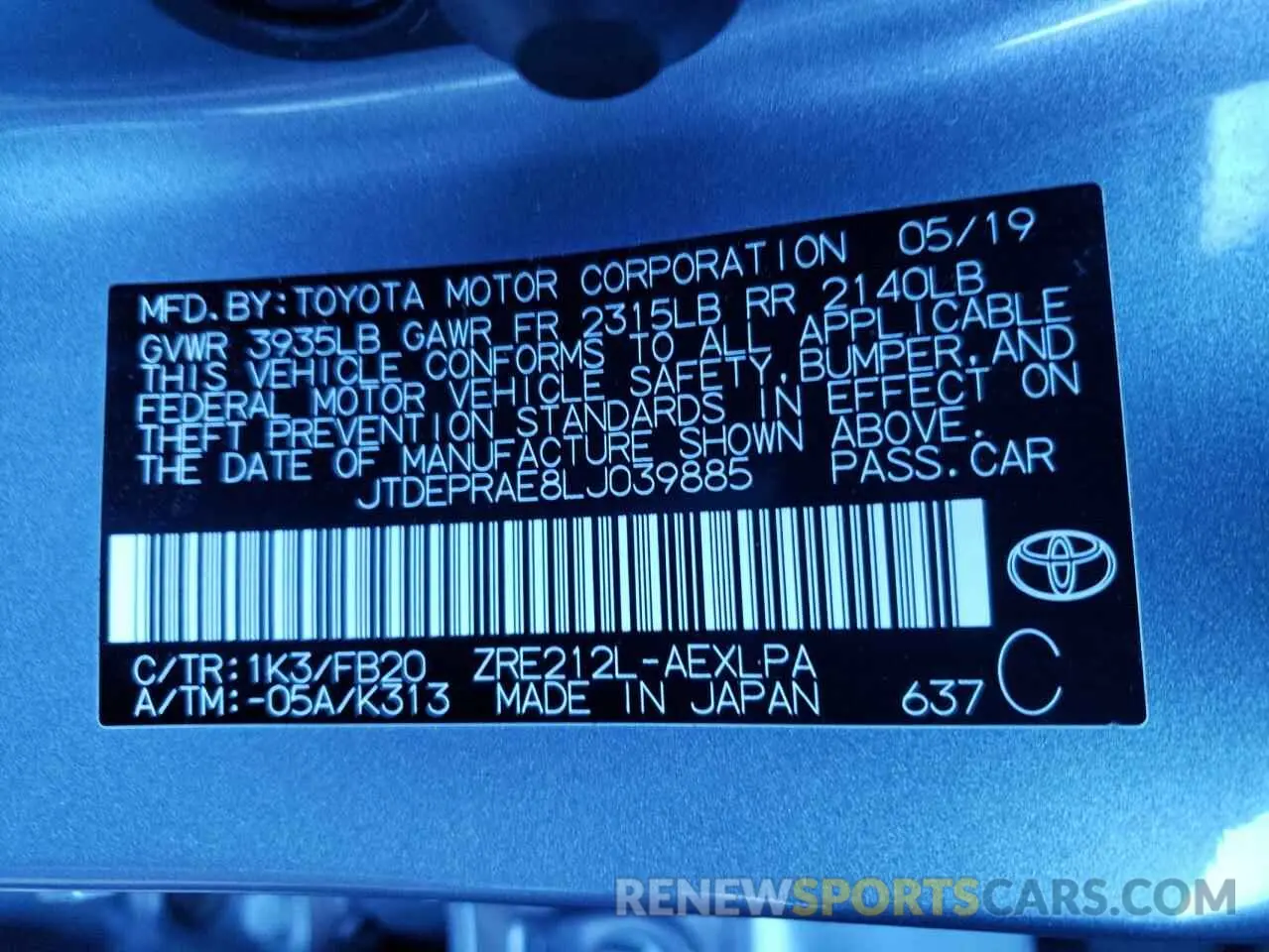 10 fotografías del automóvil dañado JTDEPRAE8LJ039885 TOYOTA COROLLA 2020