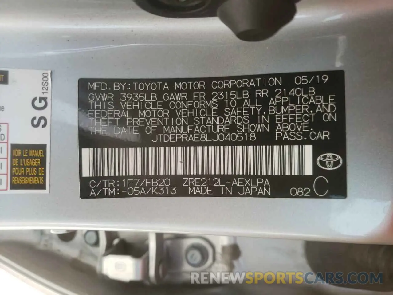 10 fotografías del automóvil dañado JTDEPRAE8LJ040518 TOYOTA COROLLA 2020